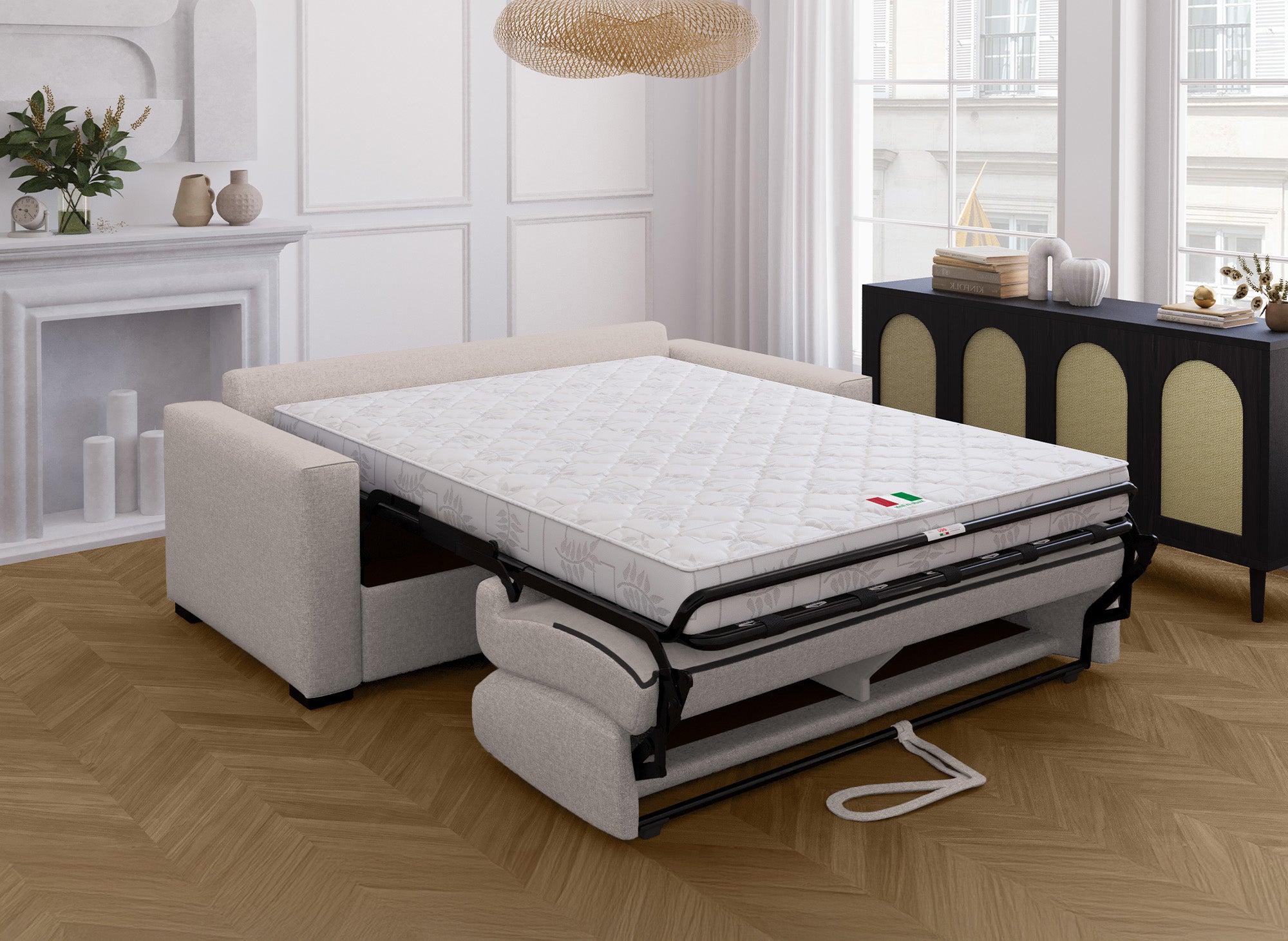 Canapé convertible 3 places LOUNA en tissu beige ouverture express