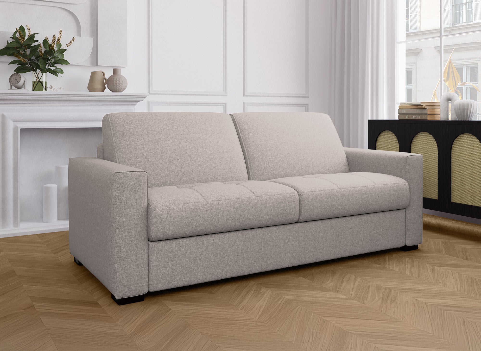 Canapé convertible 3 places LOUNA en tissu beige ouverture express