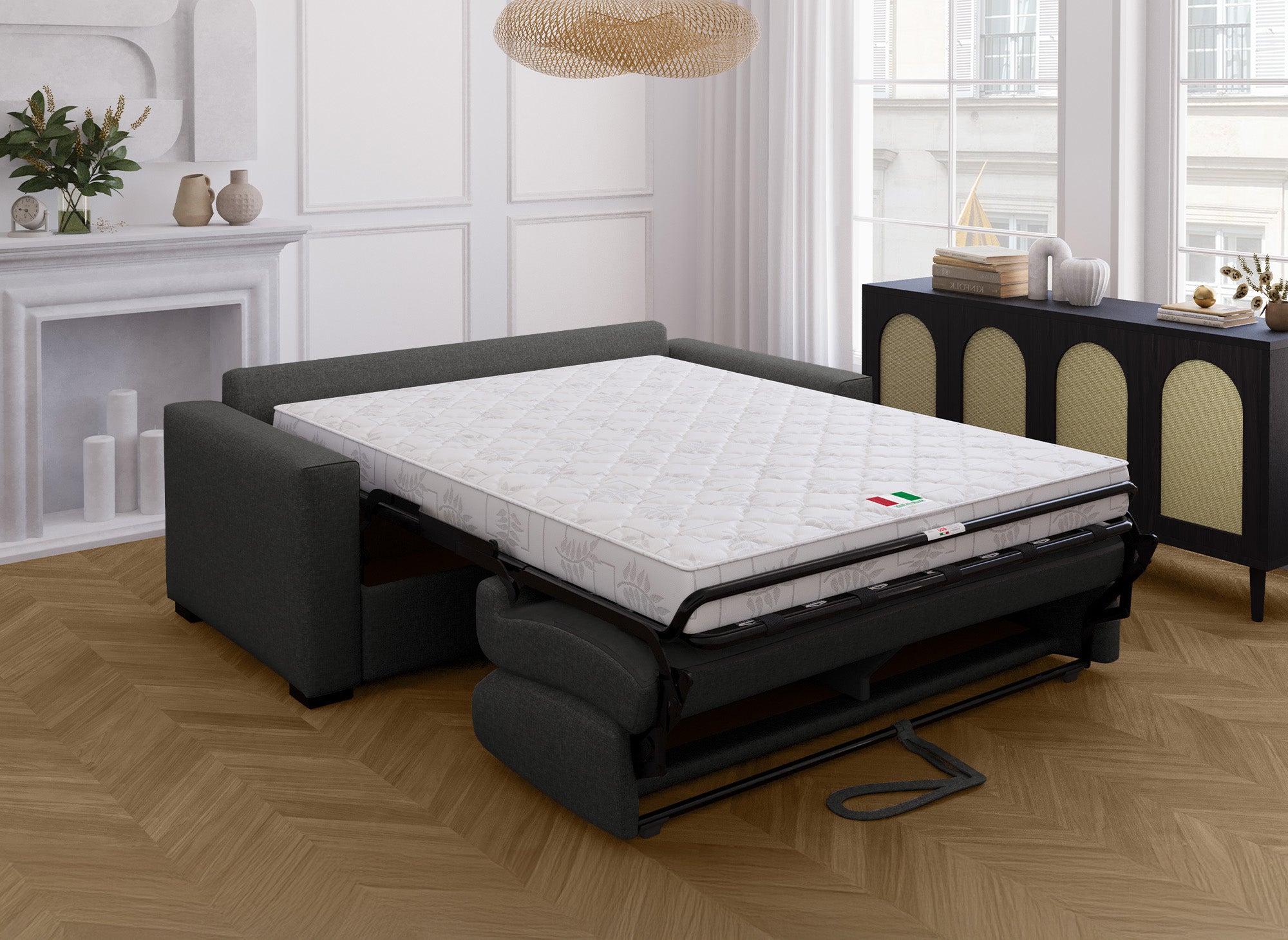Canapé convertible 3 places LOUNA en tissu gris carbon ouverture express