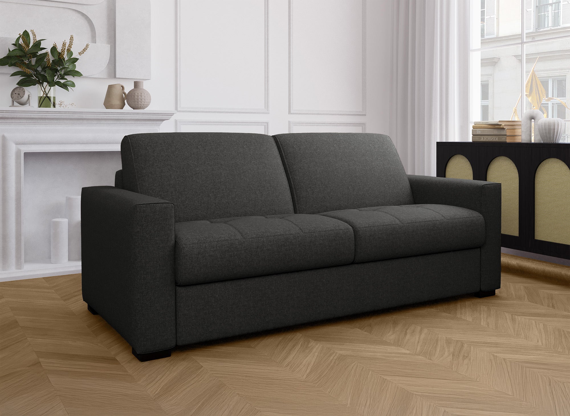 Canapé convertible 3 places LOUNA en tissu gris carbon ouverture express
