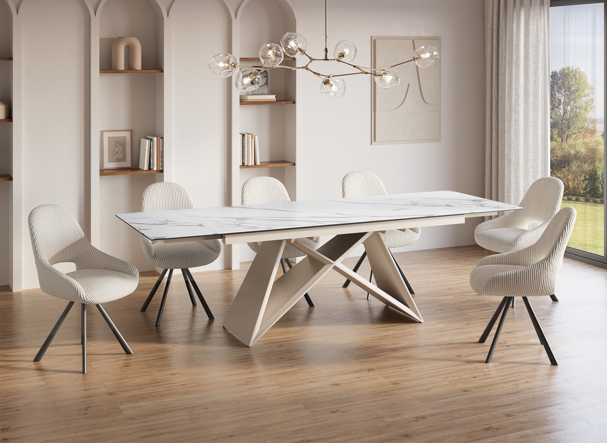 Table à manger extensible en céramique blanche effet marbre GABRIEL