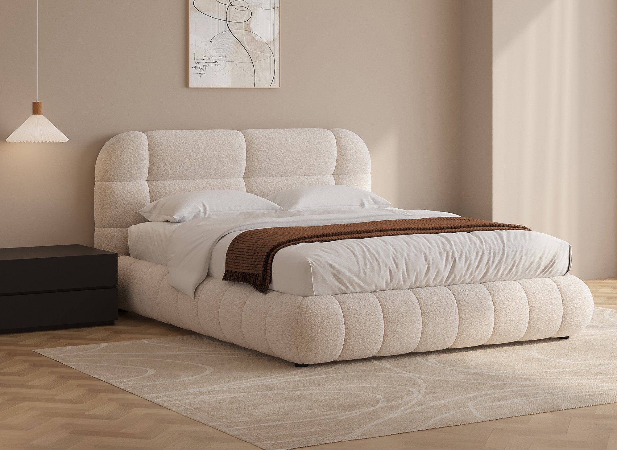 Lit coffre en tissu bouclette écru 140x190 cm YOURI