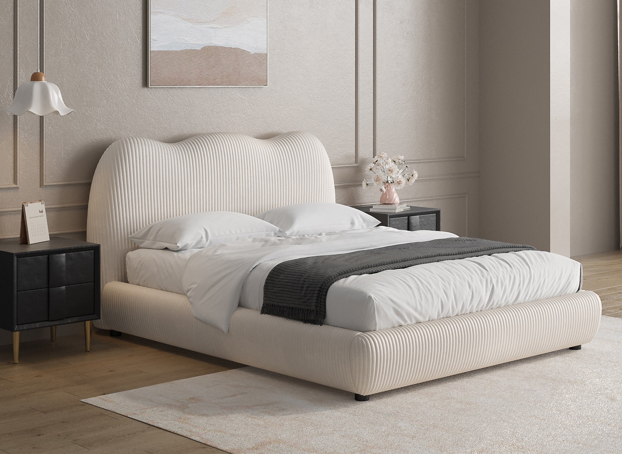 Lit double en velours côtelé épais beige 140x190cm SARA
