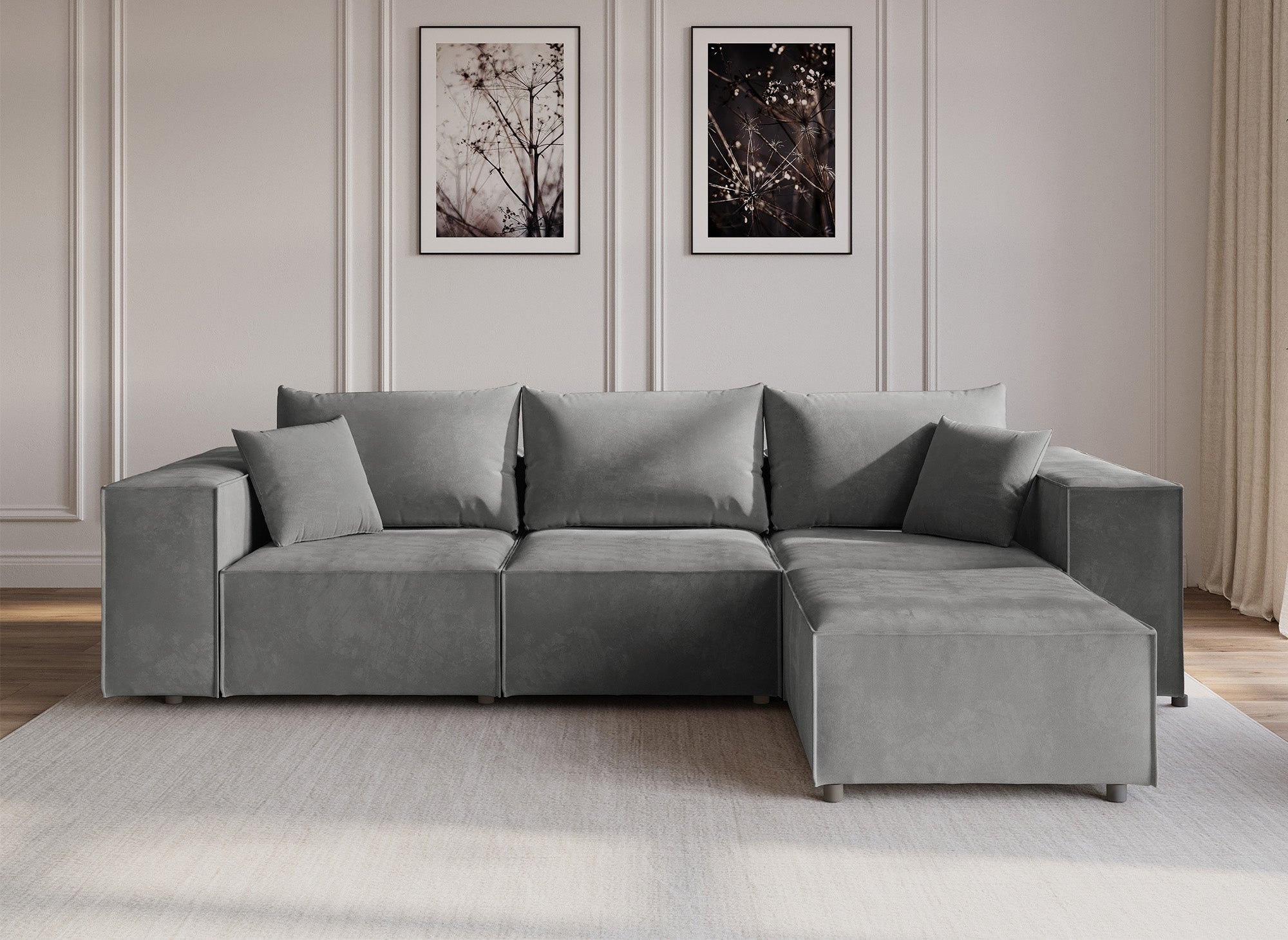 Canapé d'angle modulable en velours gris HARLEM