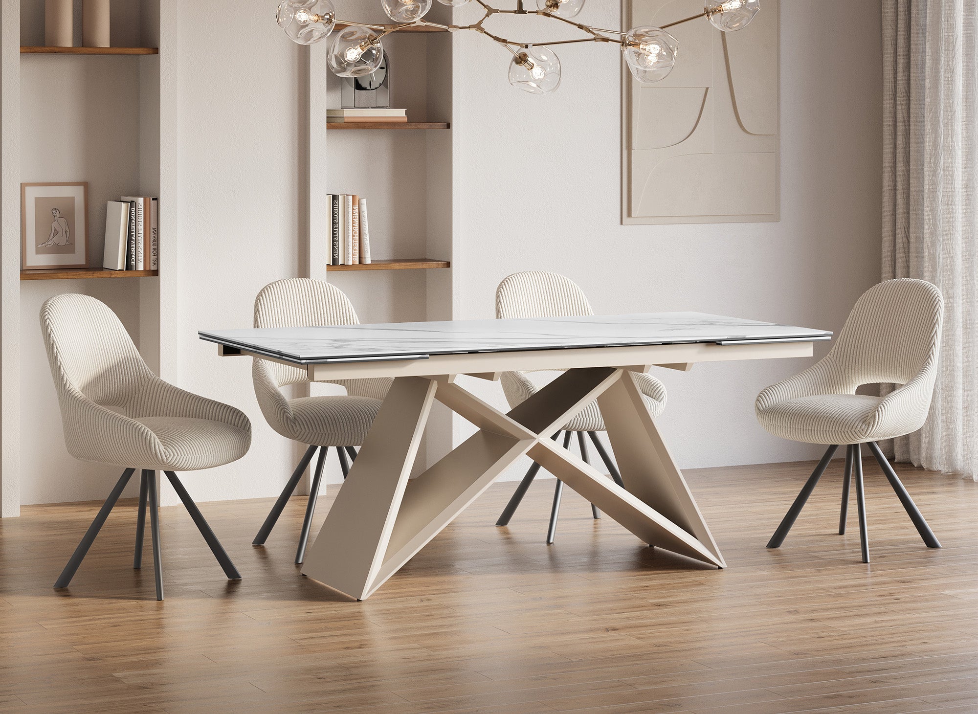 Table à manger extensible en céramique blanche effet marbre GABRIEL