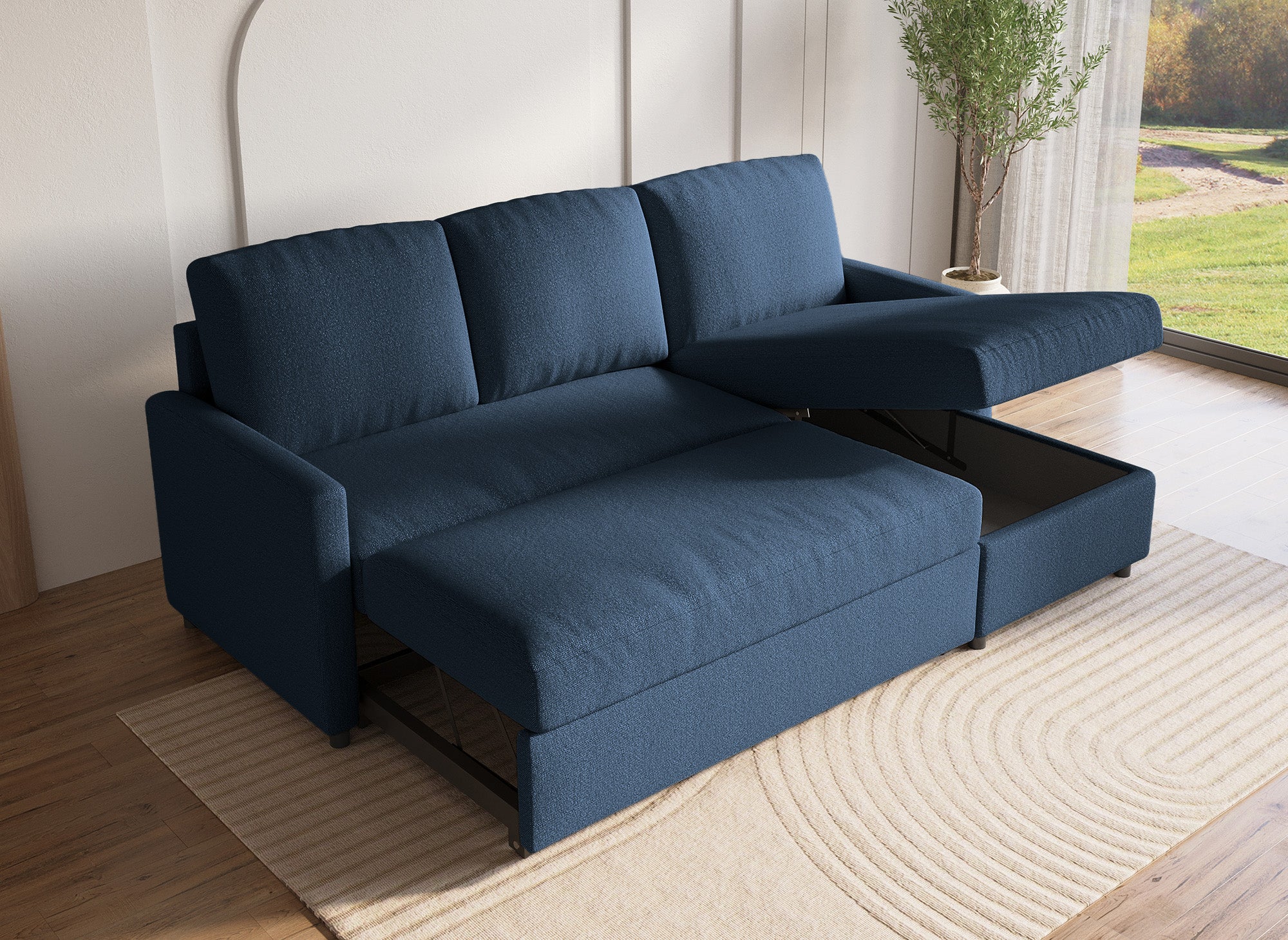 Canapé d'angle réversible convertible coffre de rangement en tissu bleu ADAM