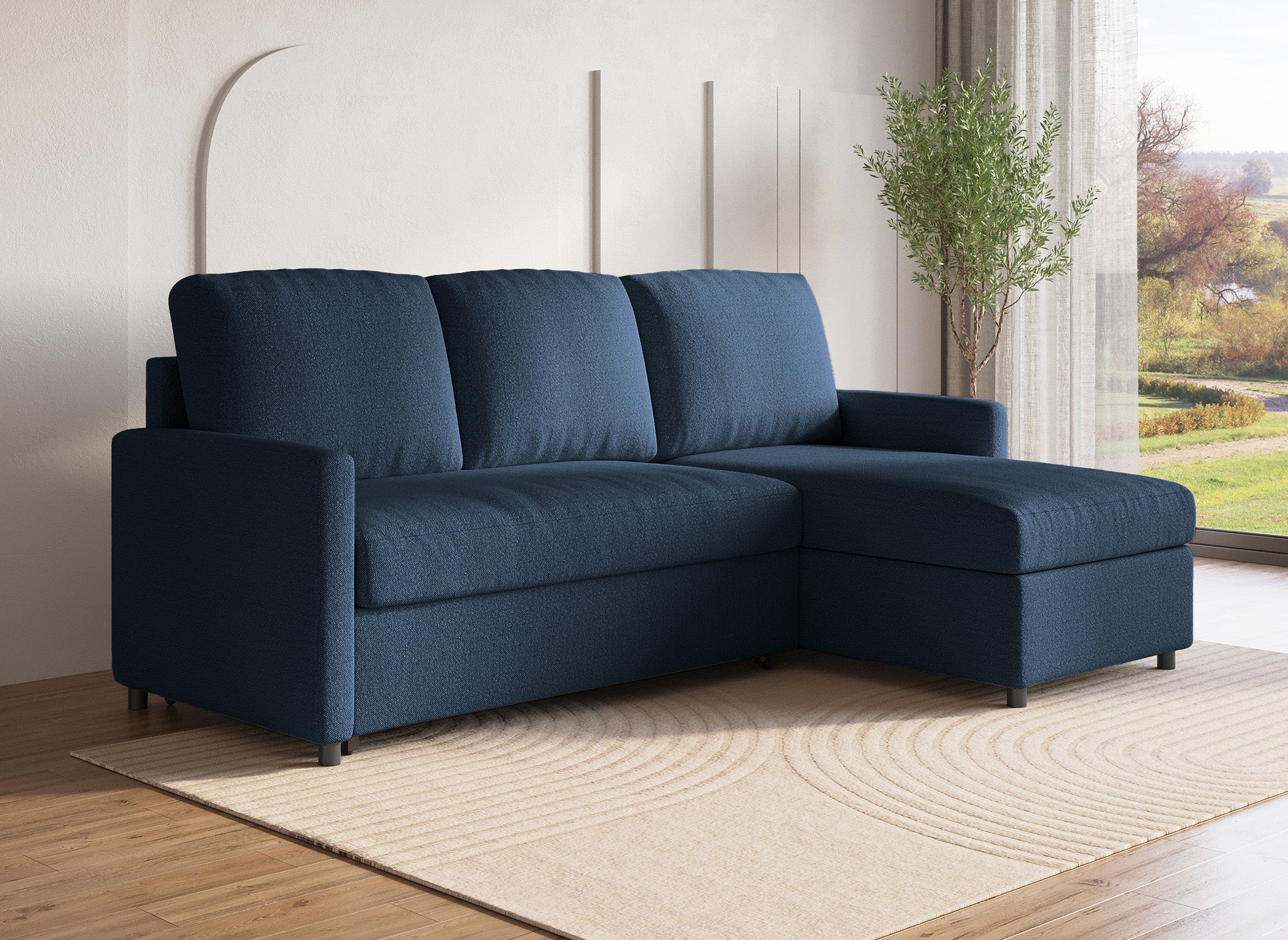 Canapé d'angle réversible convertible coffre de rangement en tissu bleu ADAM