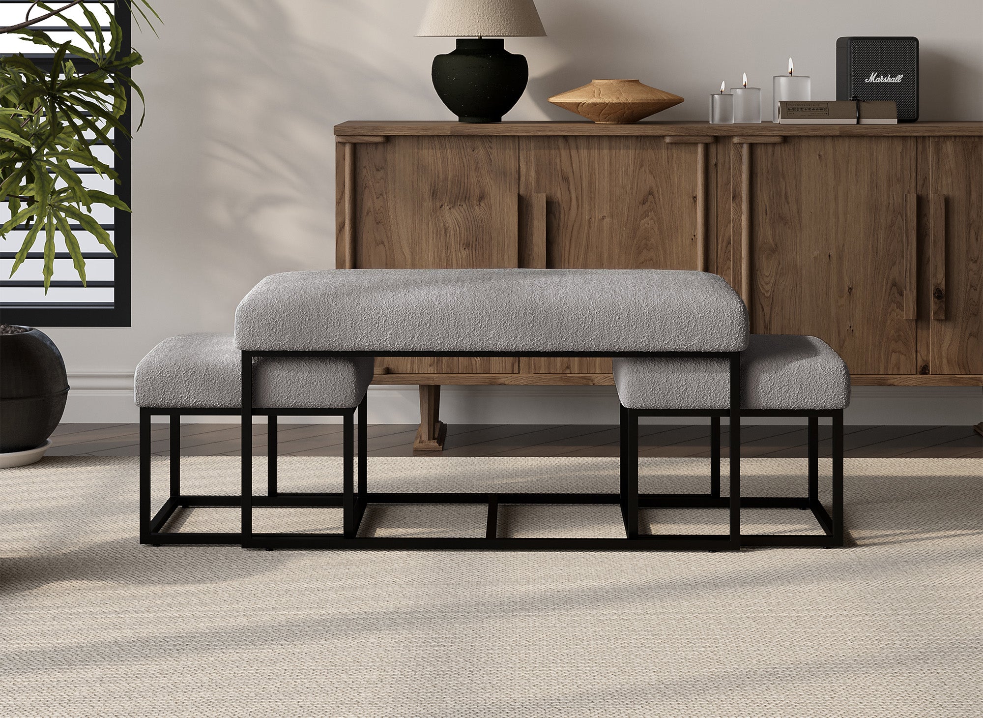 Banquette avec poufs en tissu bouclette gris et pieds en métal noir BECKIE