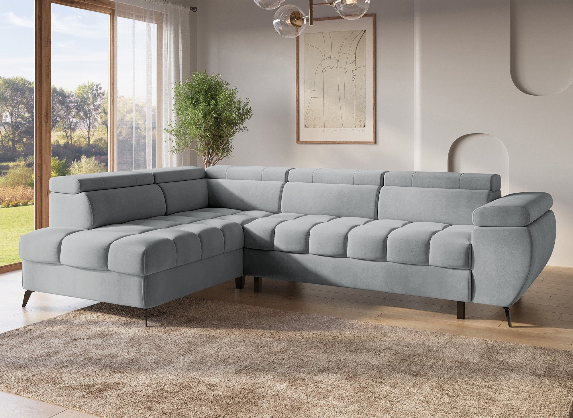 Canapé d'angle convertible matelassé avec coffre en velours gris LUCIANO - Angle gauche