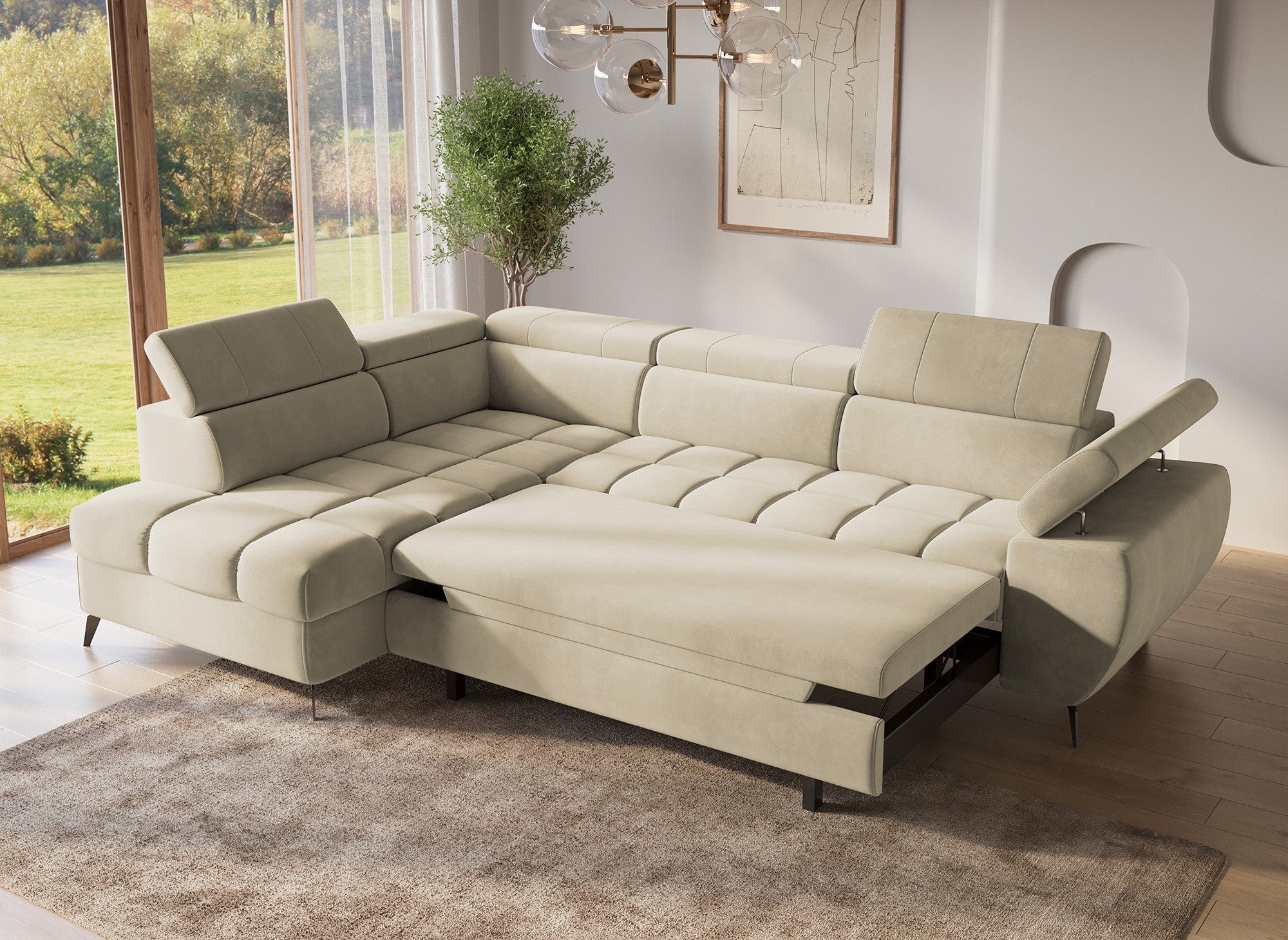 Canapé d'angle convertible matelassé avec coffre en velours beige LUCIANO - Angle gauche
