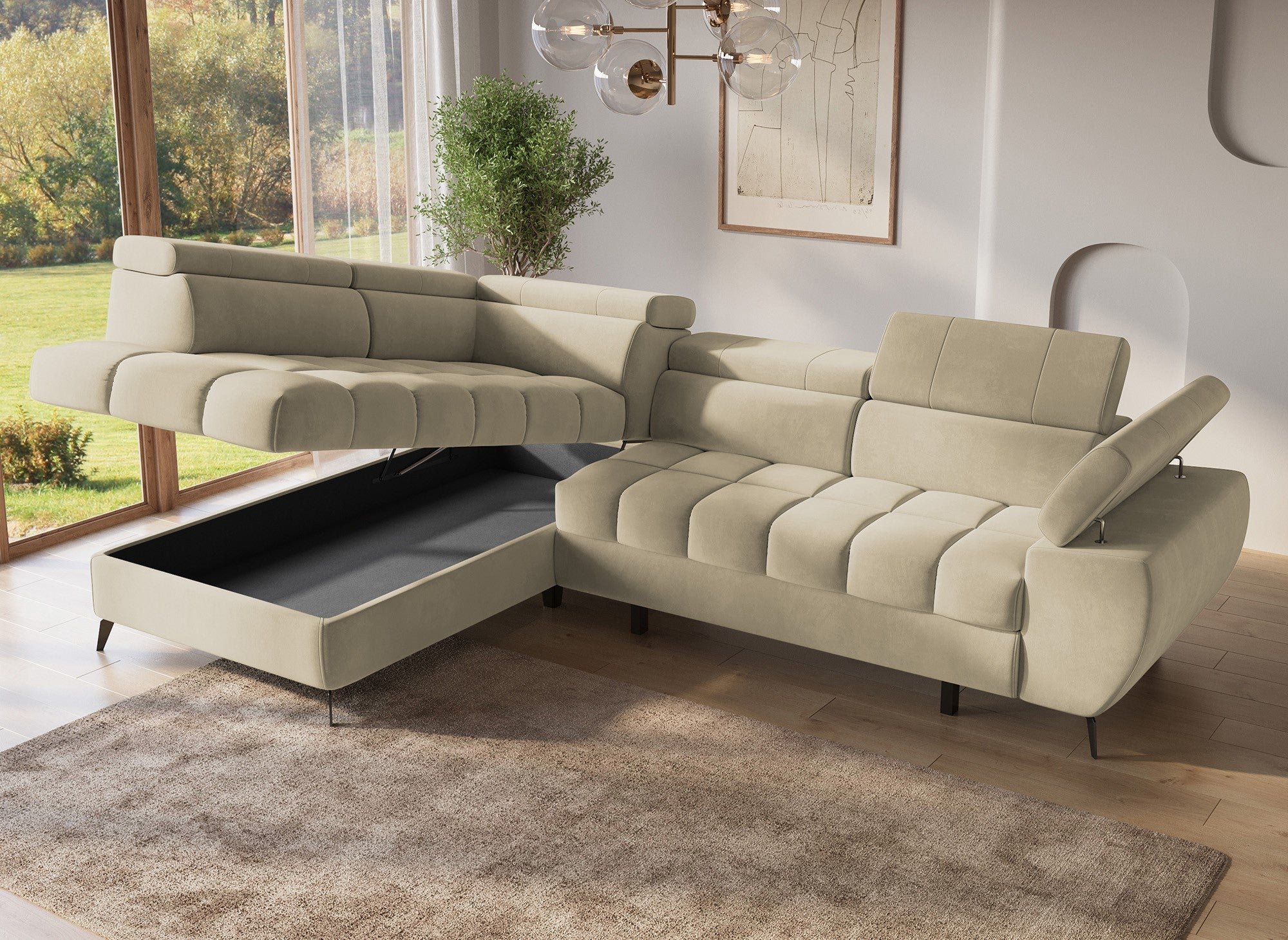 Canapé d'angle convertible matelassé avec coffre en velours beige LUCIANO - Angle gauche