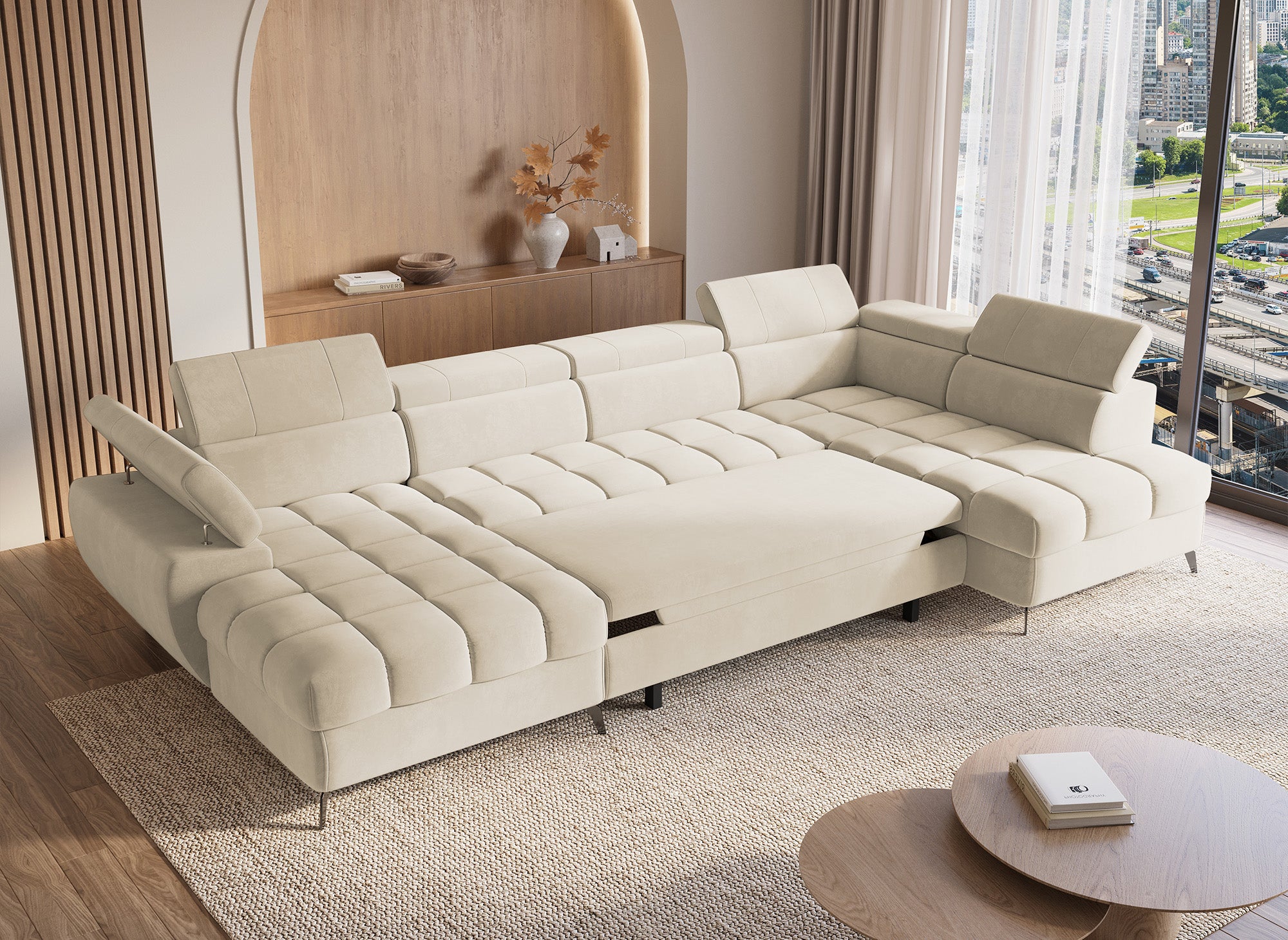 Canapé panoramique convertible matelassé avec coffre en velours beige LUCIANO - Angle gauche