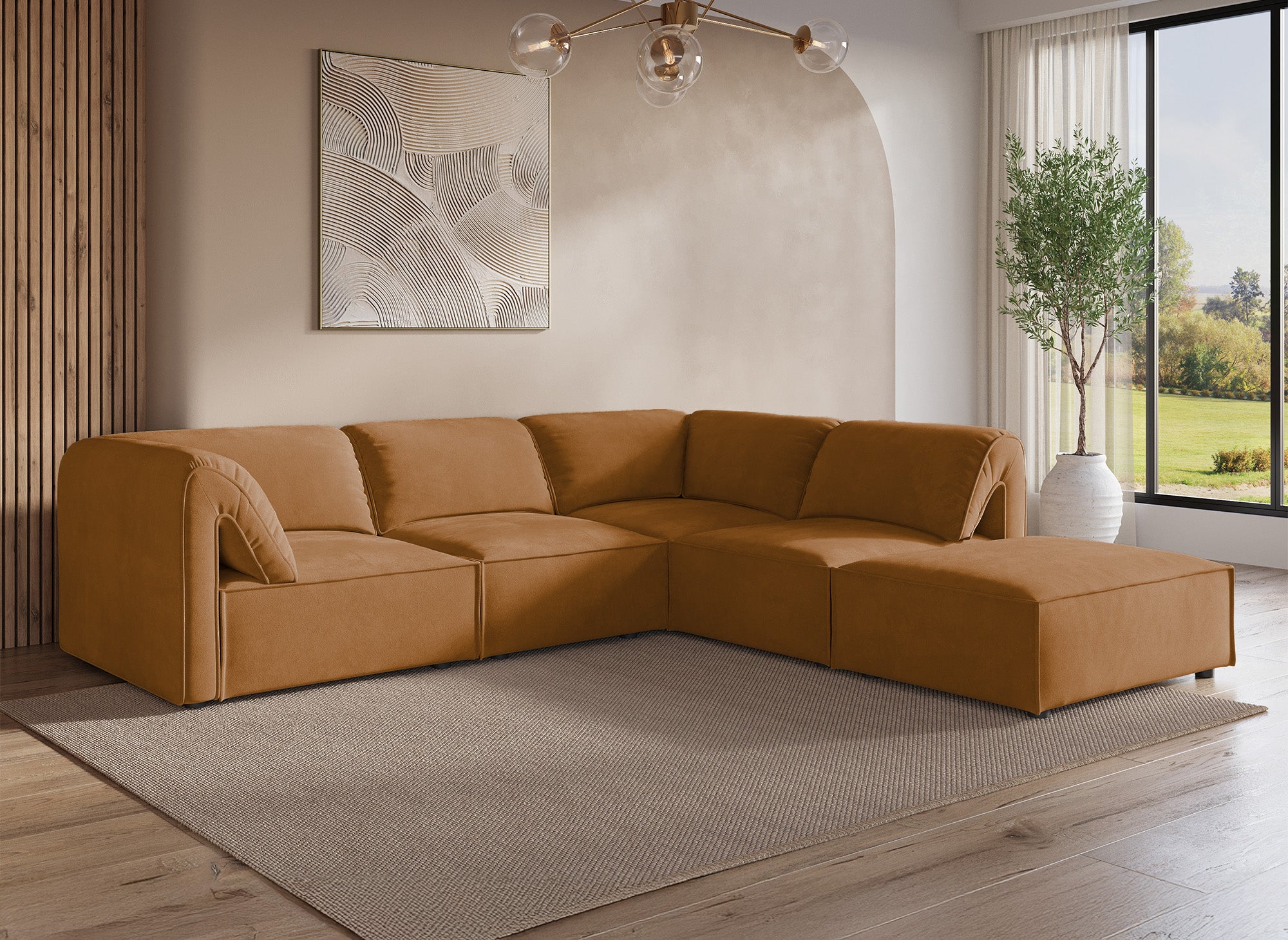 Canapé d'angle modulable en velours moutarde HARINA
