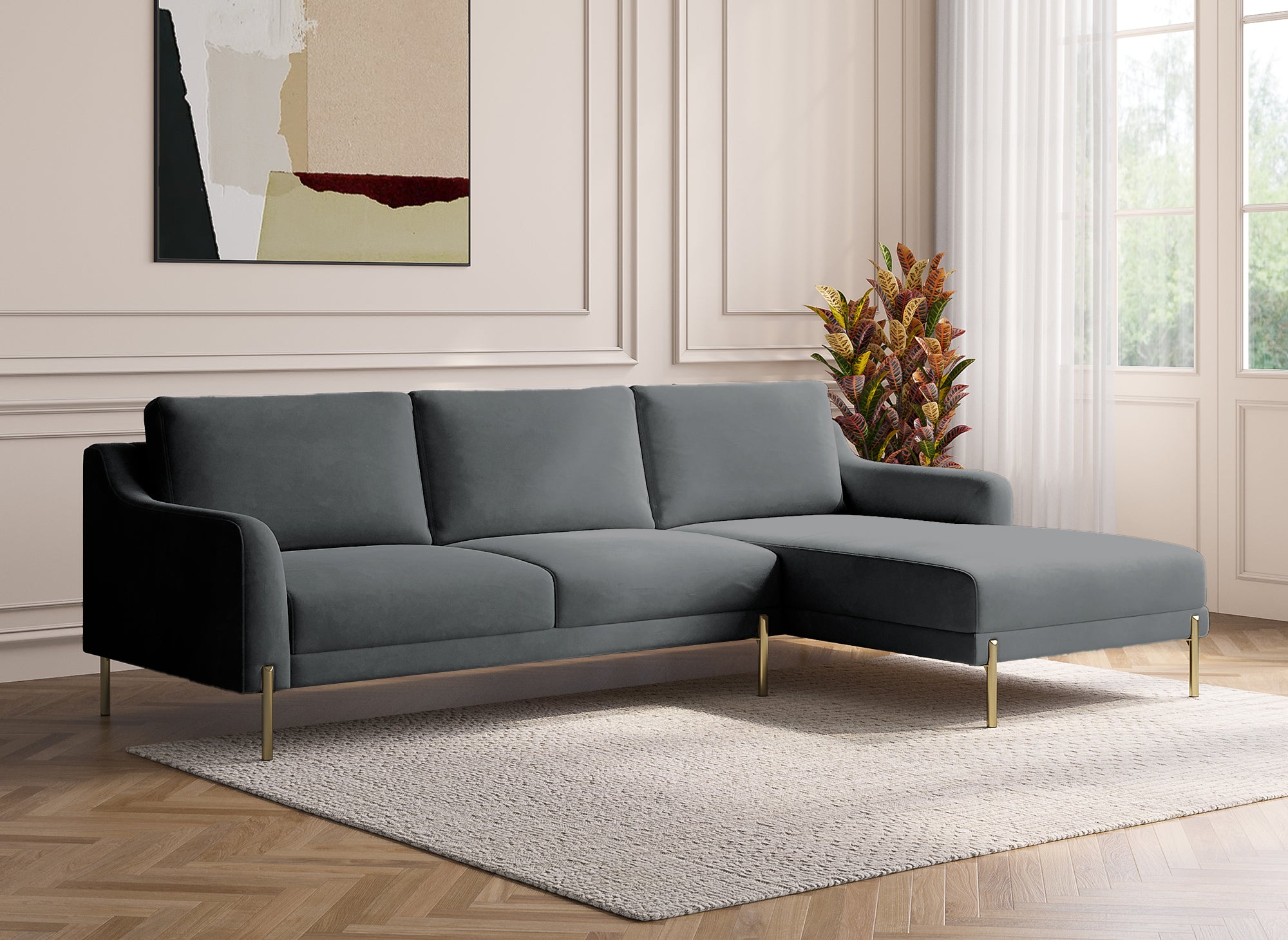 Canapé d'angle avec méridienne en velours gris CELINE - Angle Droit