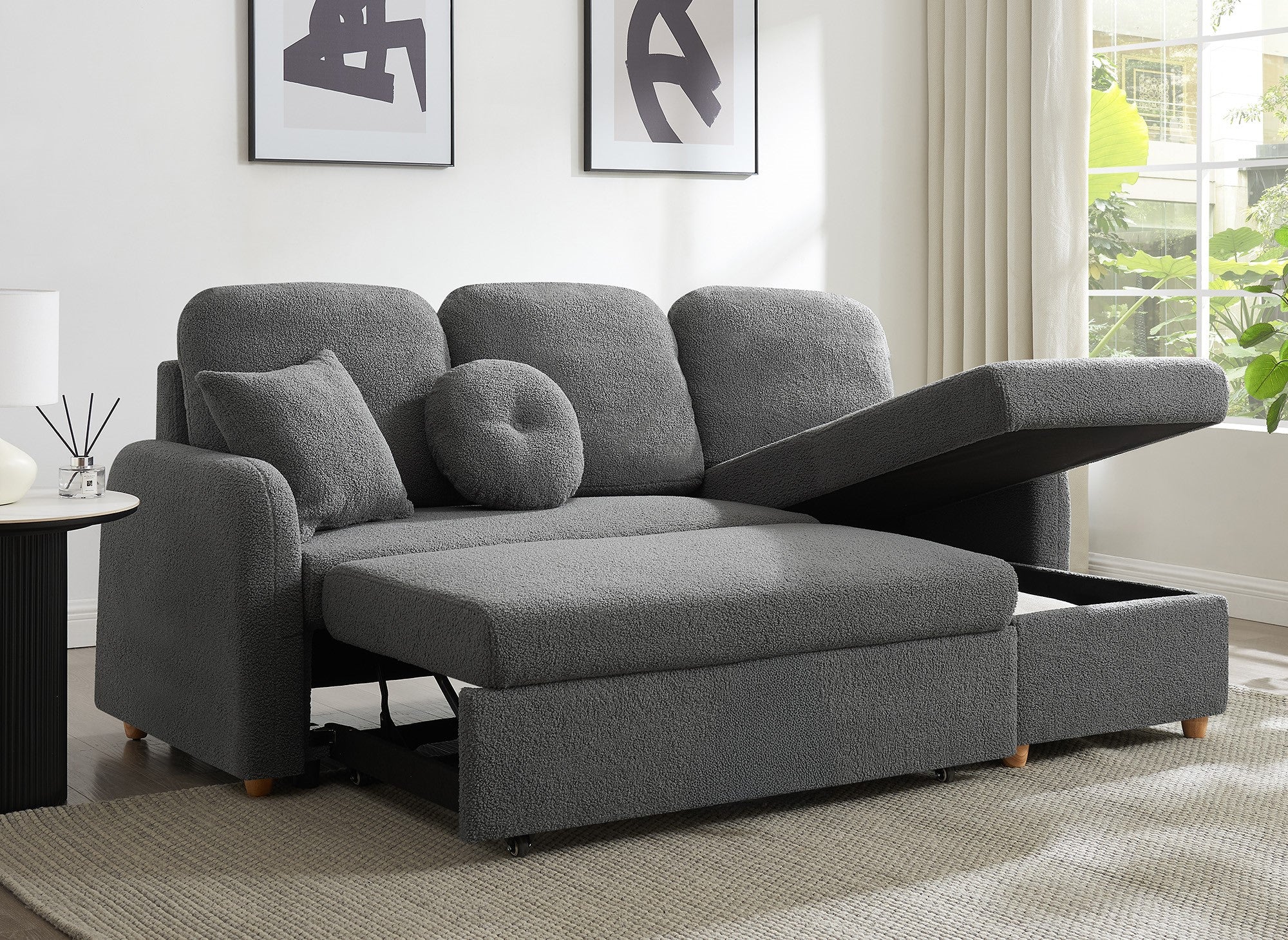 Canapé d'angle convertible et réversible avec coffre en tissu bouclette gris foncé GREGORY