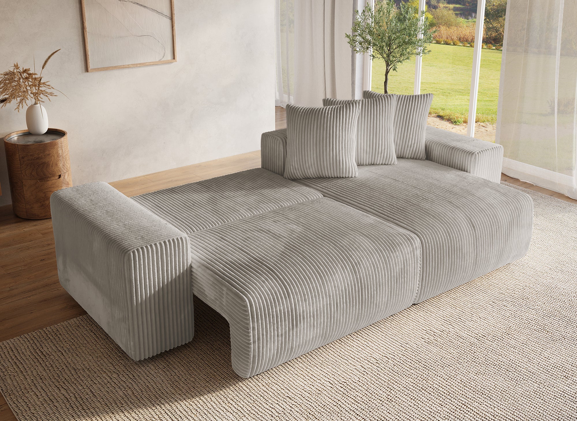 Canapé d'angle réversible convertible avec coffre en velours côtelé épais taupe NOELIA
