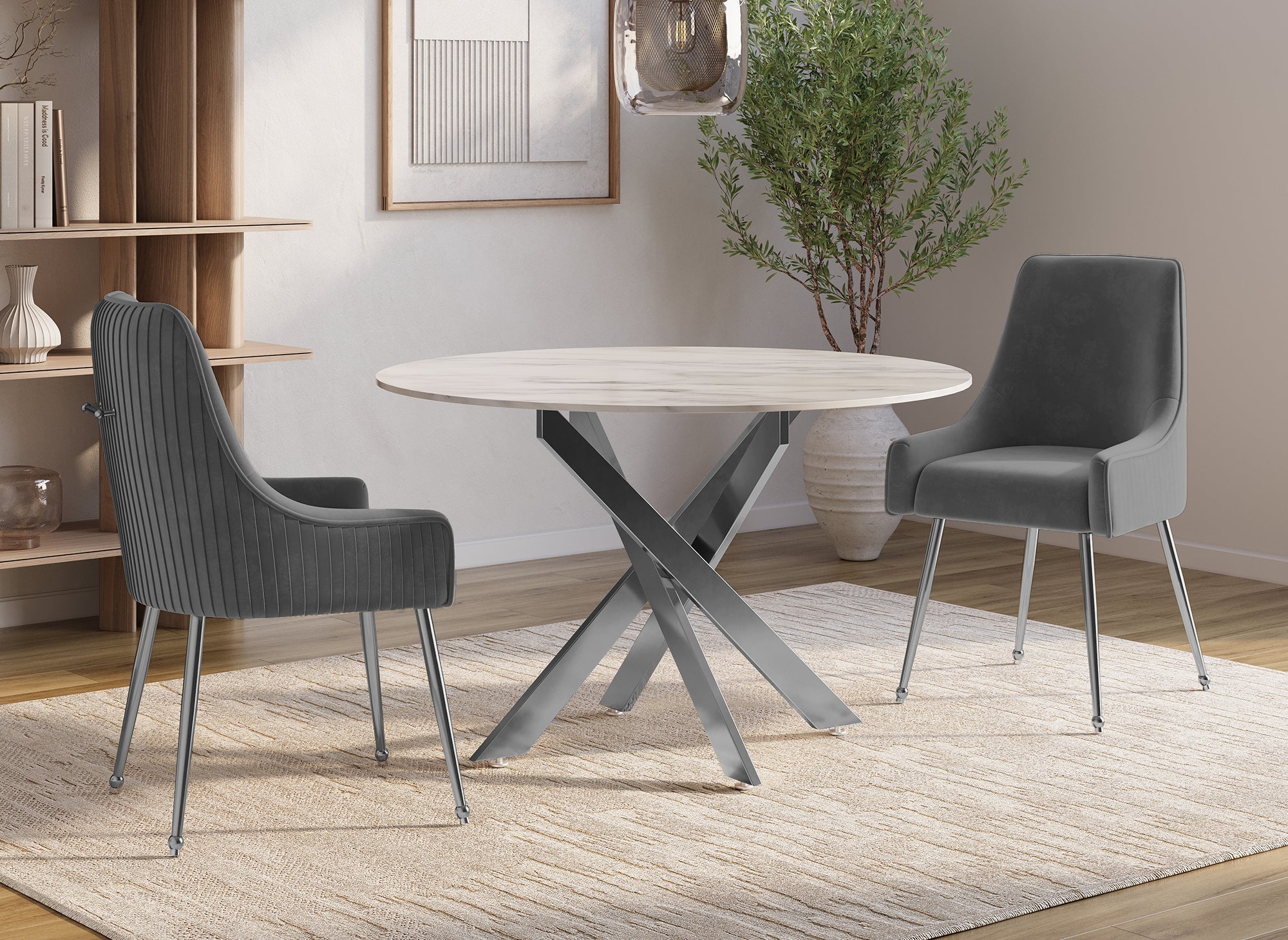 Lot de 2 chaises en velours gris pieds en métal argenté DORY