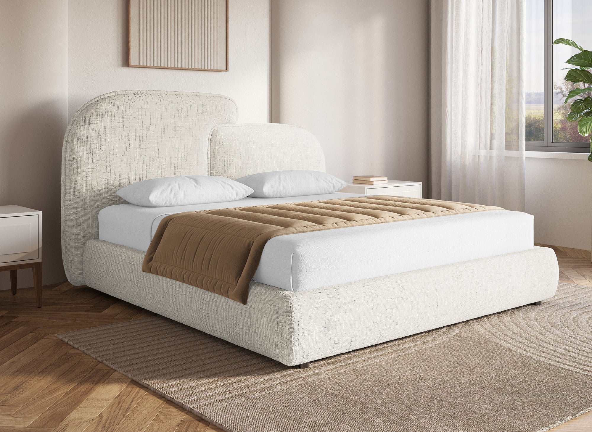 Lit coffre en velours chiné beige 160x200 cm MILENA