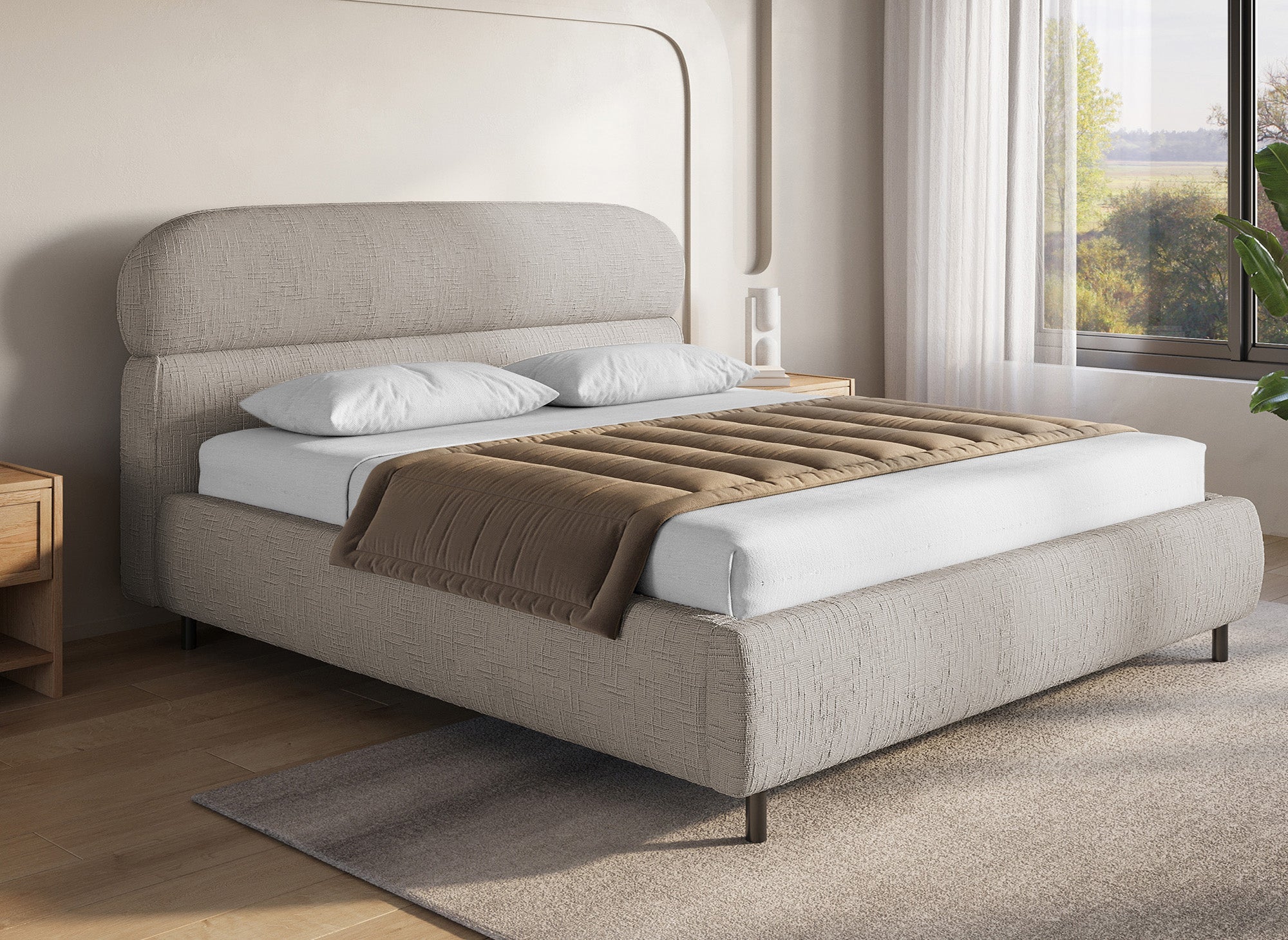 Lit coffre en velours chiné beige 180x200cm MELO