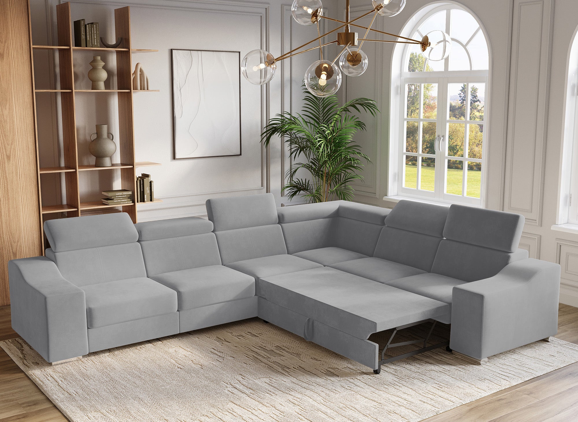 Canapé d'angle convertible réversible en velours gris clair  LEONIE