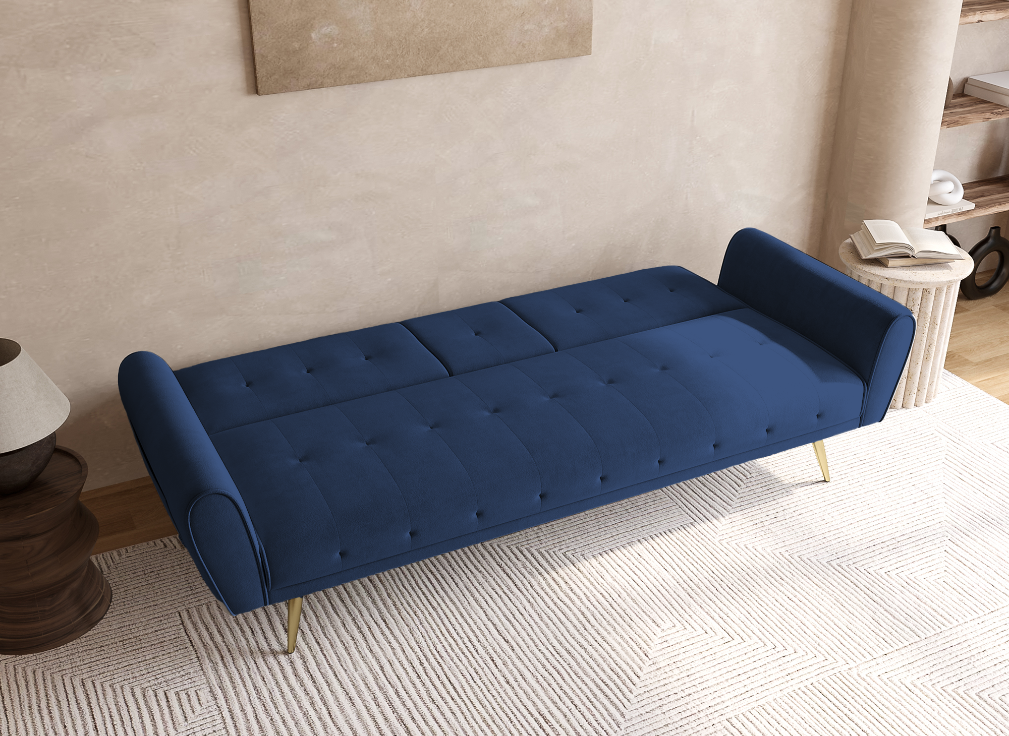 Canapé clic clac en velours bleu foncé avec porte-gobelet LIMA