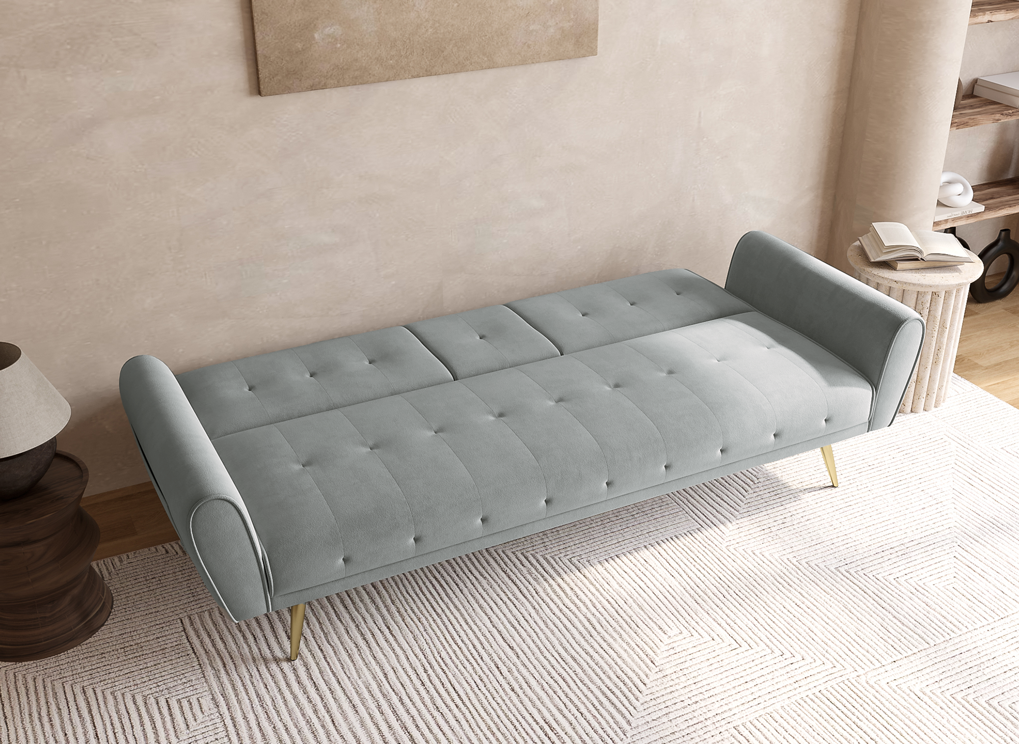 Canapé clic clac en velours gris clair avec porte-gobelet LIMA