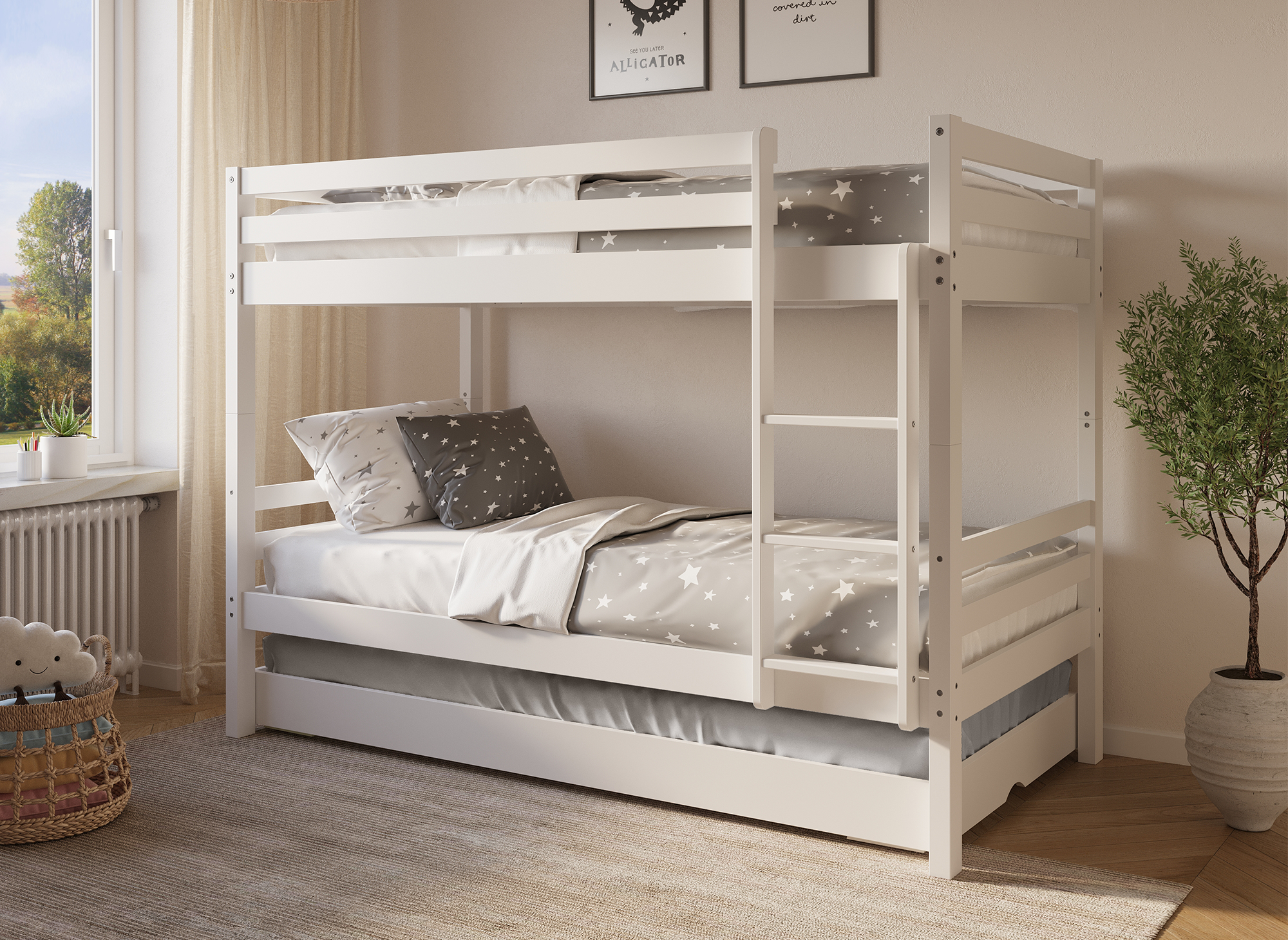 Lit superposé gigogne 3 couchages en bois blanc LEOPAUL 90 x 190 cm
