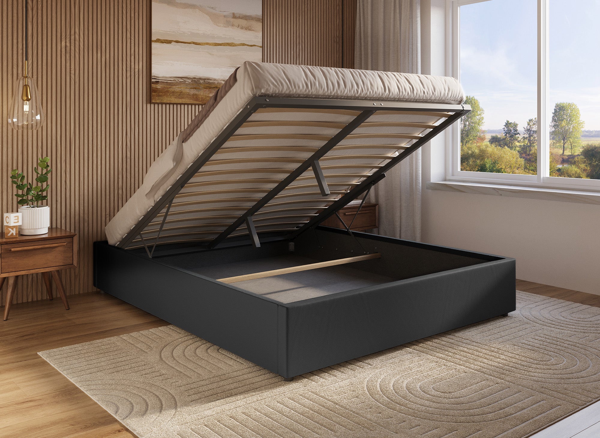 Lit sommier relevable avec coffre en simili cuir noir 160x200 cm LIZBAN