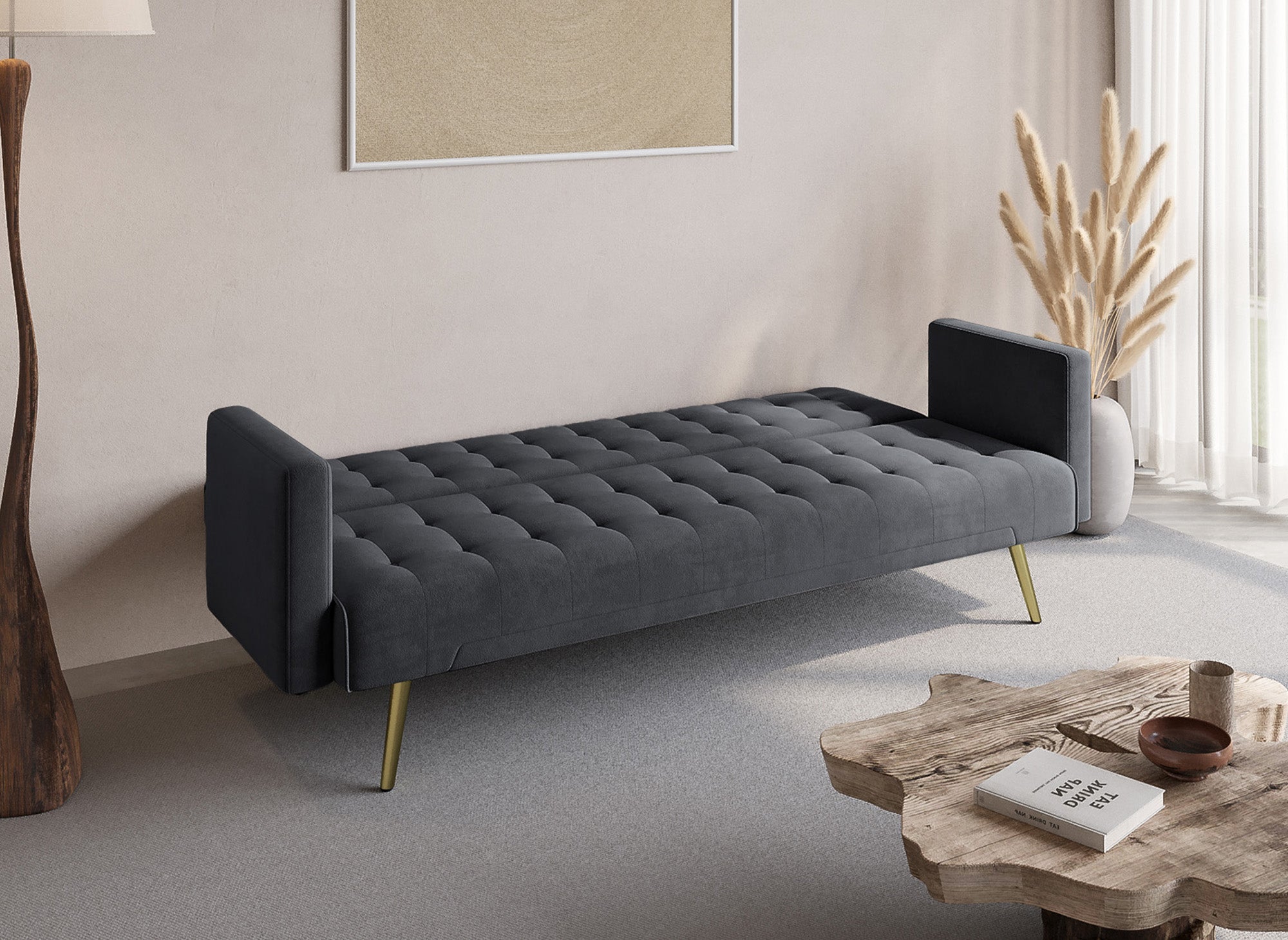 Canapé clic clac en velours gris foncé avec pieds en métal doré CHICAGO