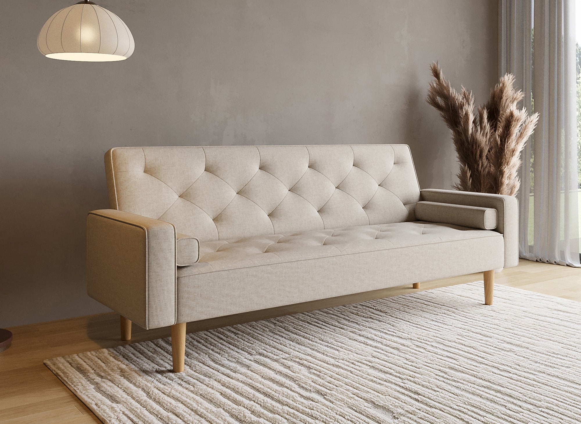 Canapé clic clac en tissu beige avec pieds en bois JAKARTA