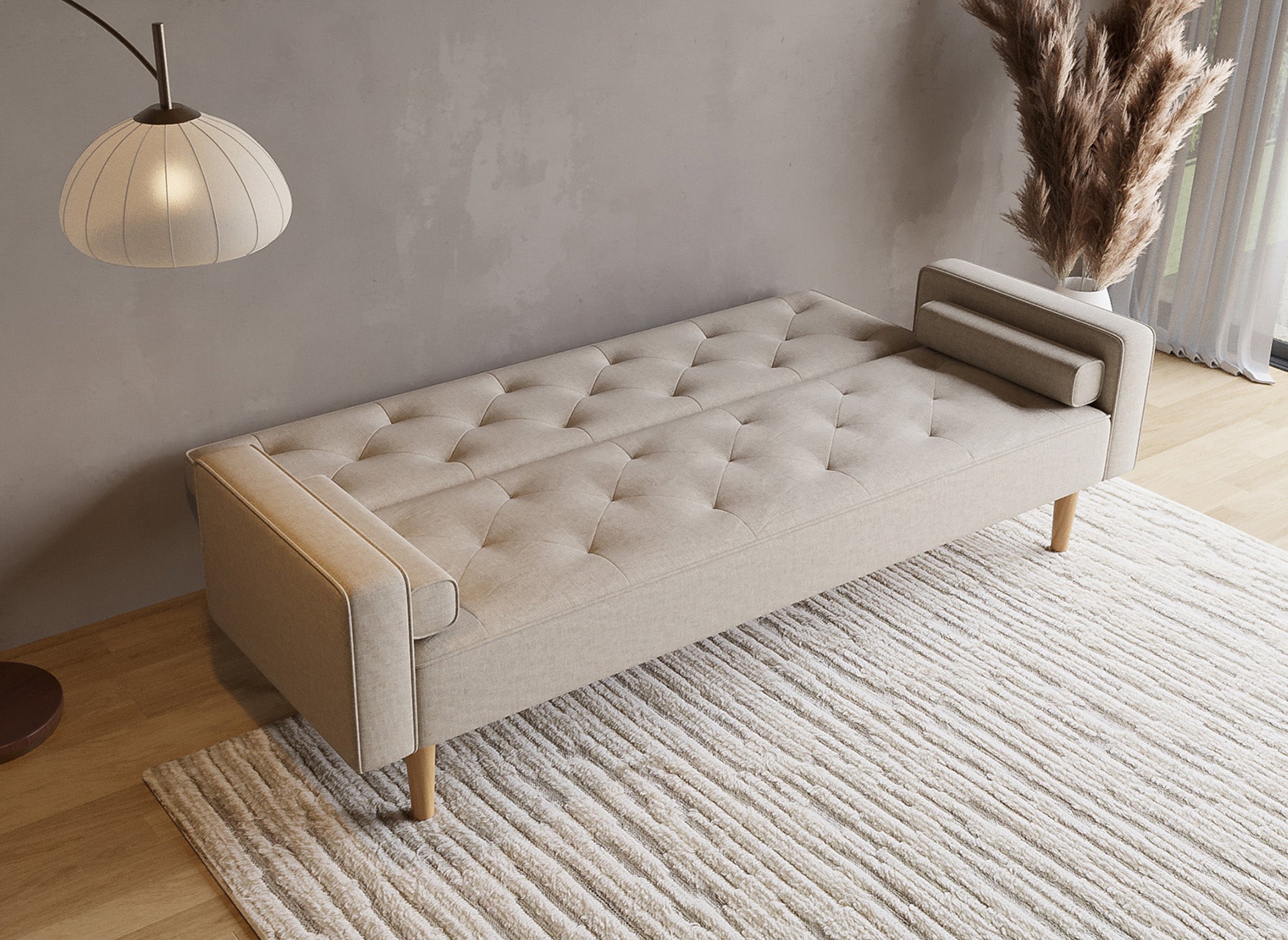 Canapé clic clac en tissu beige avec pieds en bois JAKARTA
