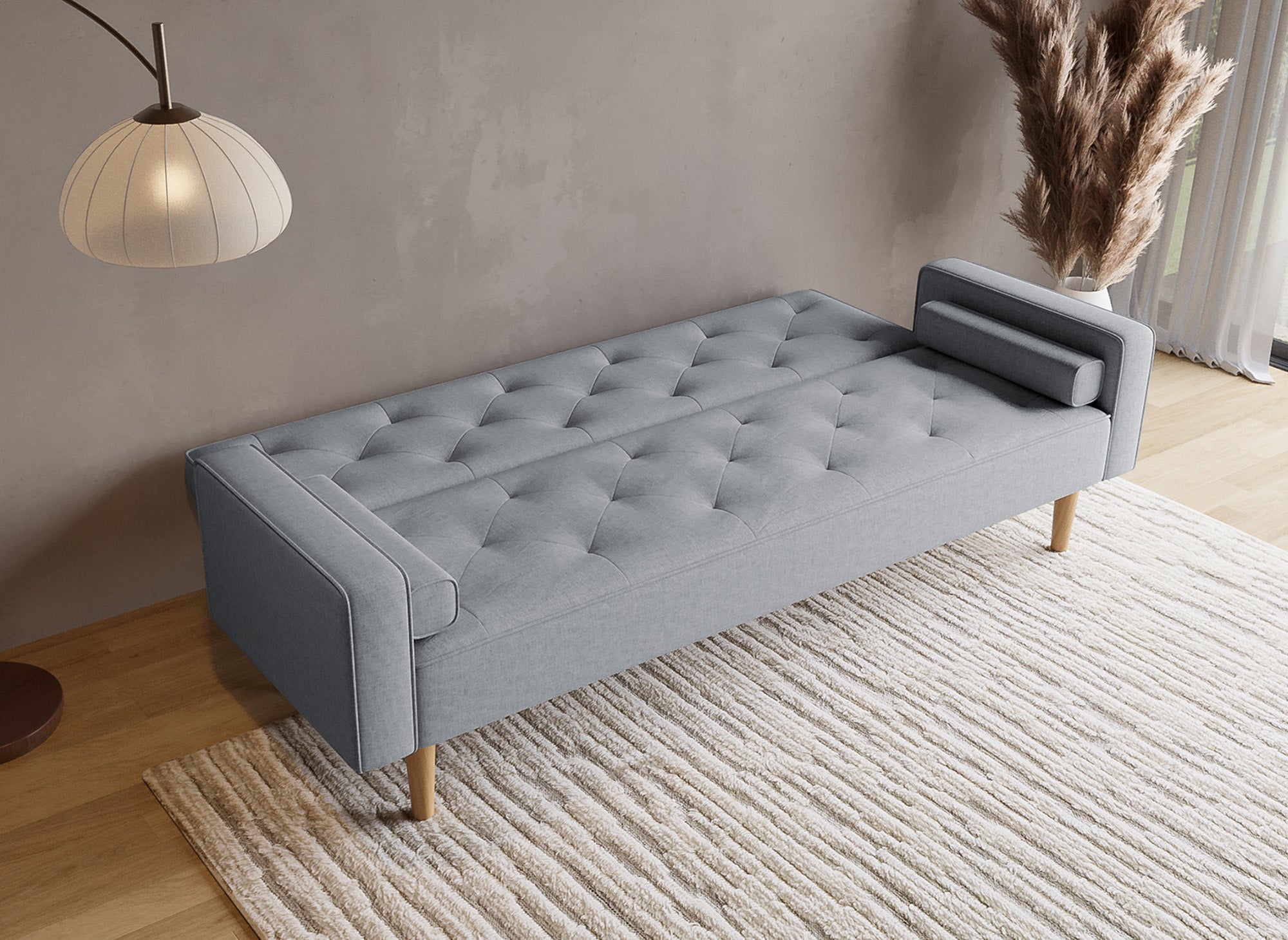 Canapé clic clac en tissu gris clair avec pieds en bois JAKARTA