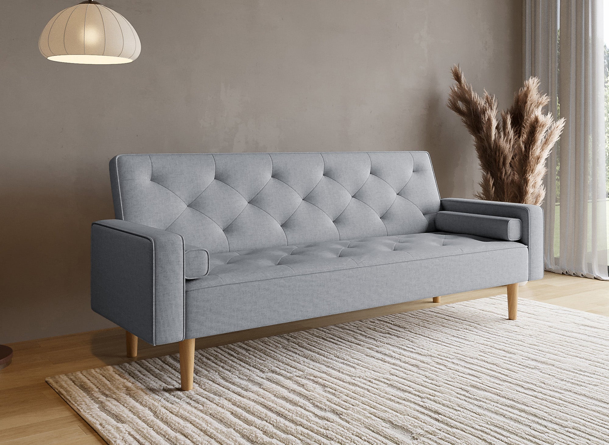 Canapé clic clac en tissu gris clair avec pieds en bois JAKARTA