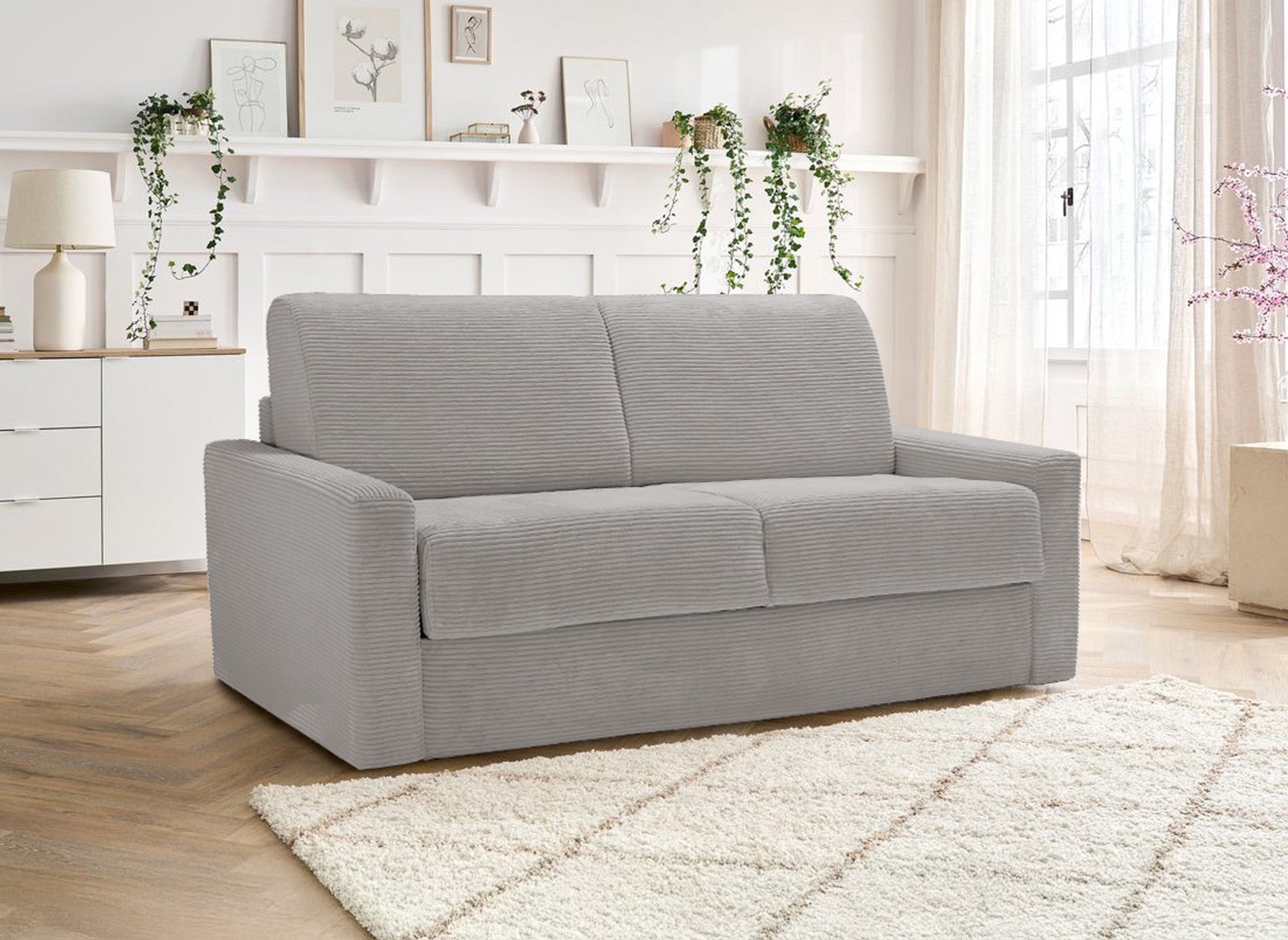 Canapé convertible 3 places LOUNA LUXE en velours côtelé beige ouverture express matelas 18 cm