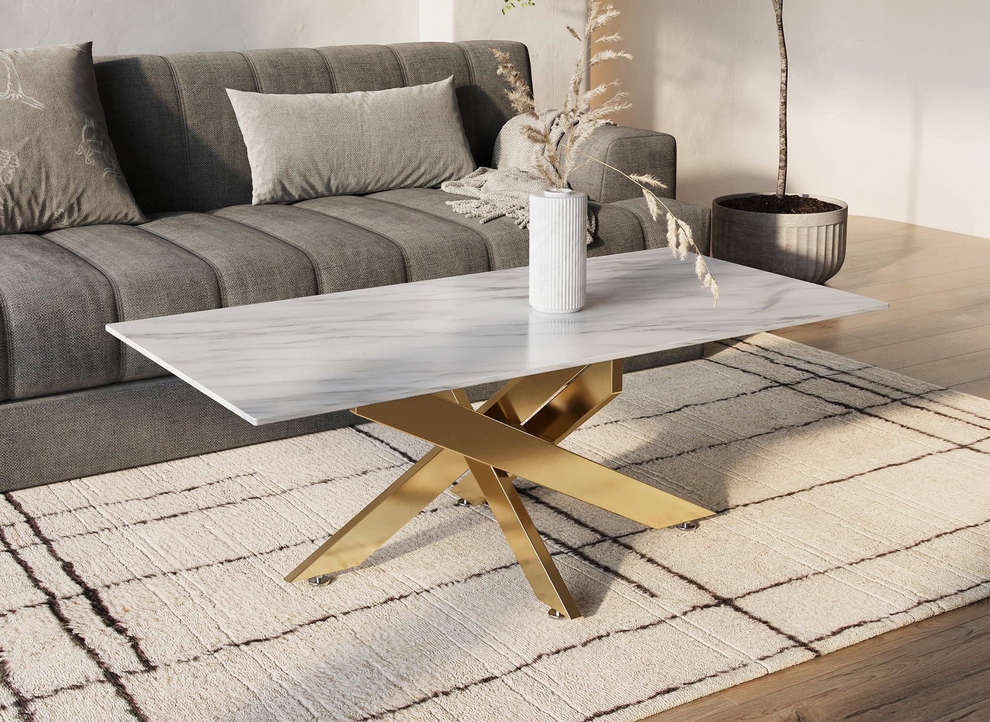 Table basse rectangulaire design verre marbré et pieds dorés MELISSA