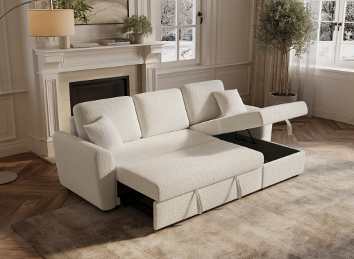 Canapé d'angle convertible et réversible avec coffre en velours côtelé épais beige ADRYEN