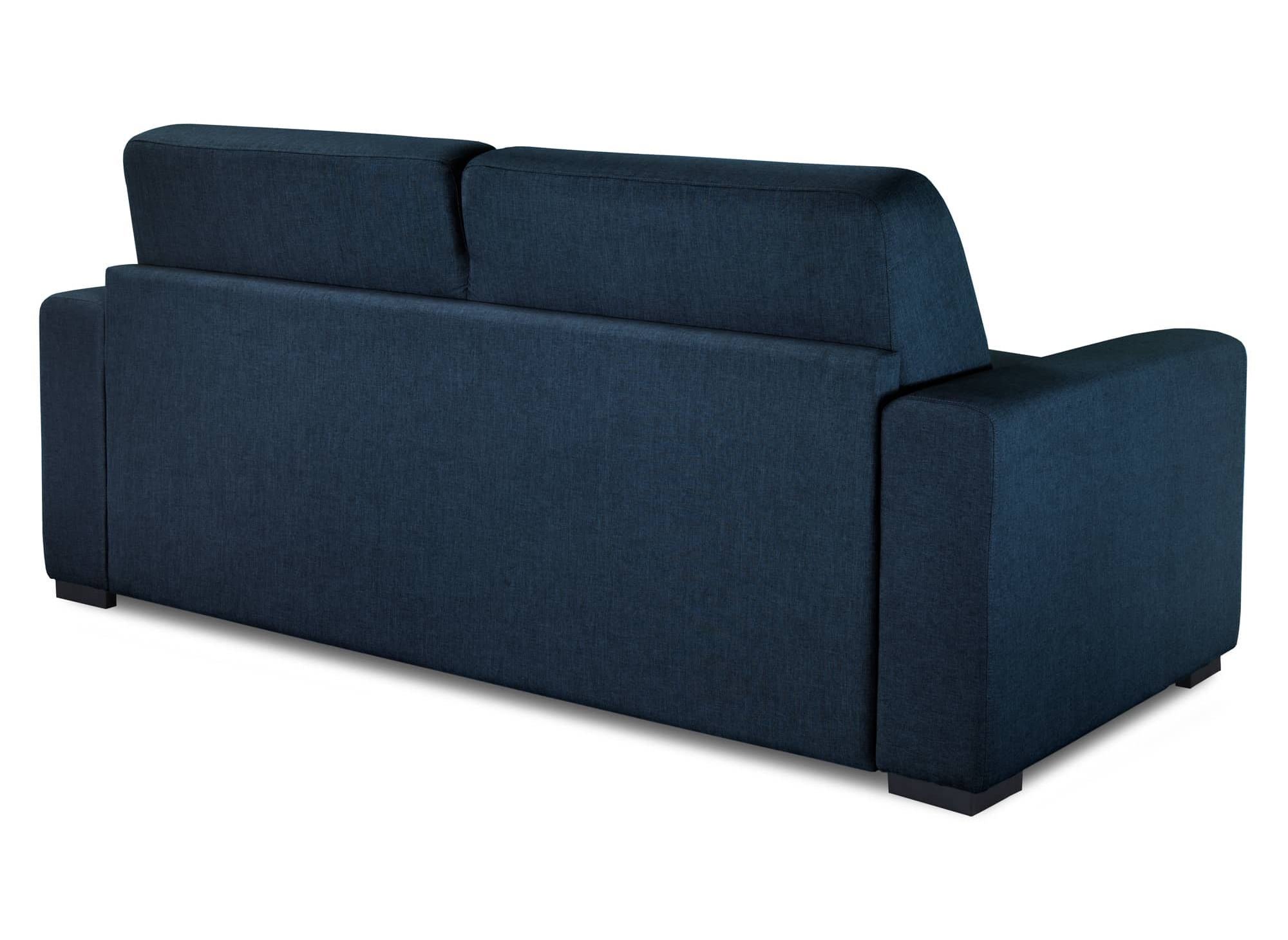 Canapé convertible 3 places LOUNA LUXE en tissu bleu denim ouverture express matelas 18 cm