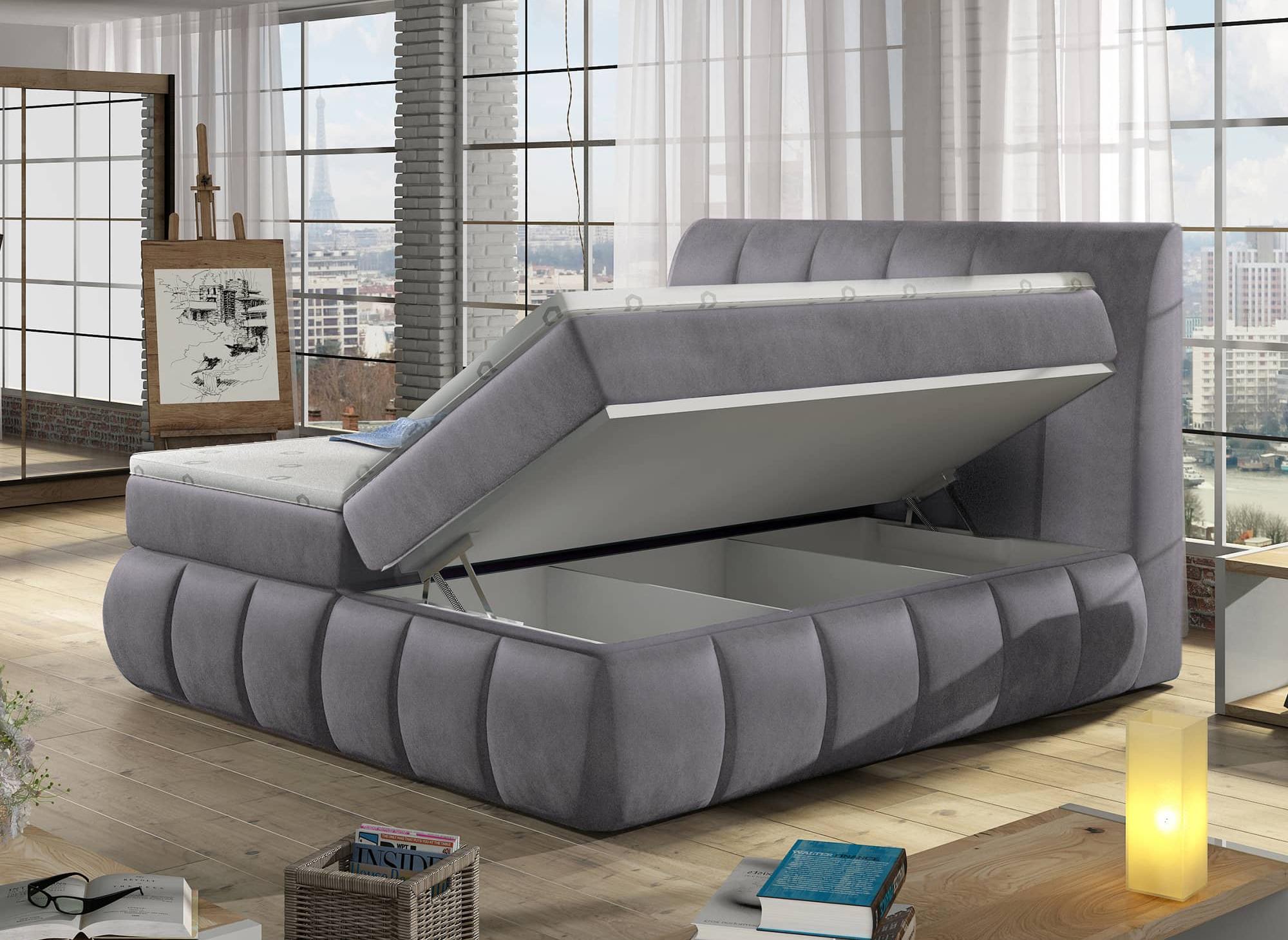 Lit boxspring 180x200 avec coffre de rangement en velours gris - VALERIA