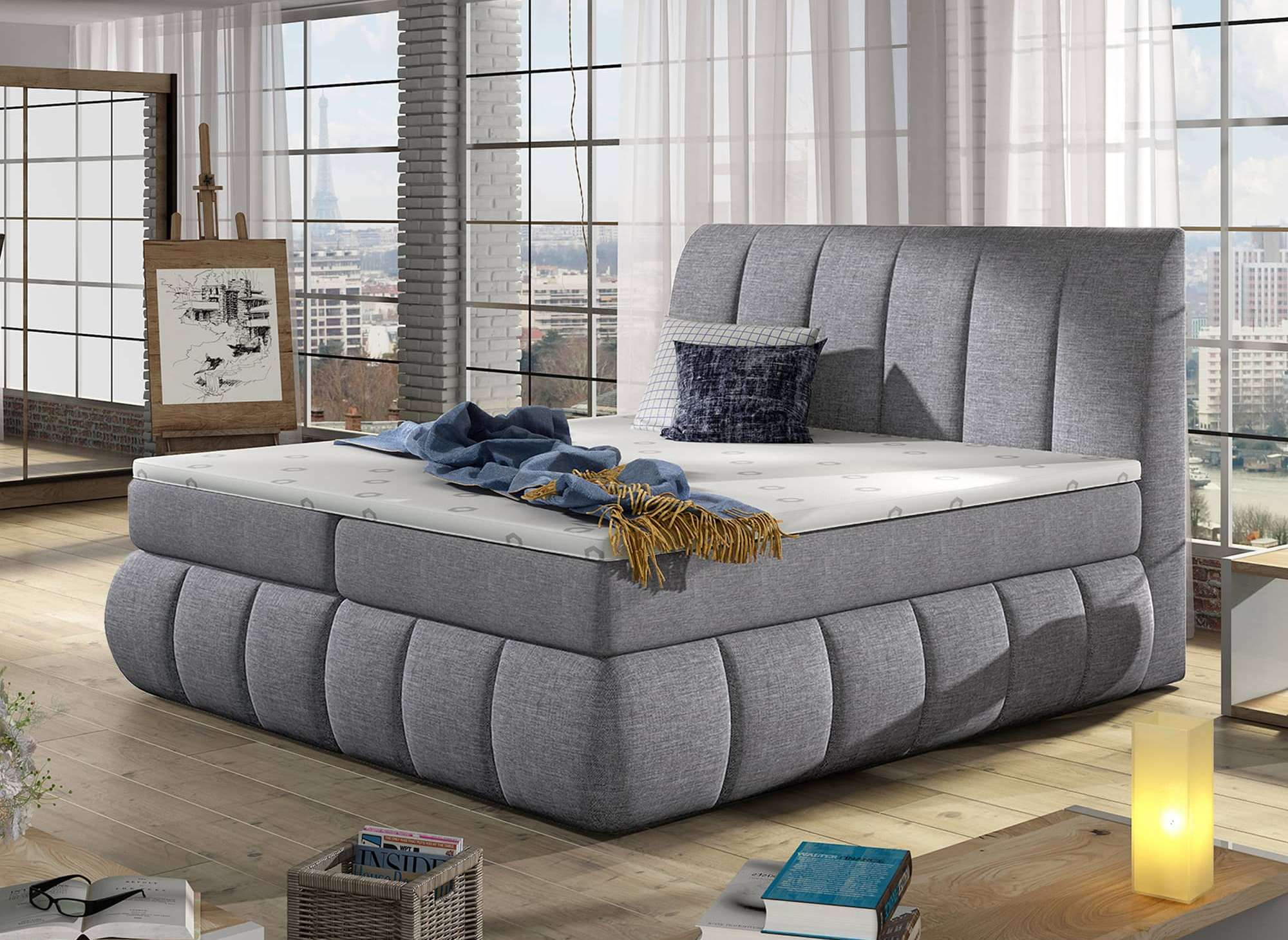 Lit boxspring 180x200 avec coffre de rangement en tissu gris - VALERIA