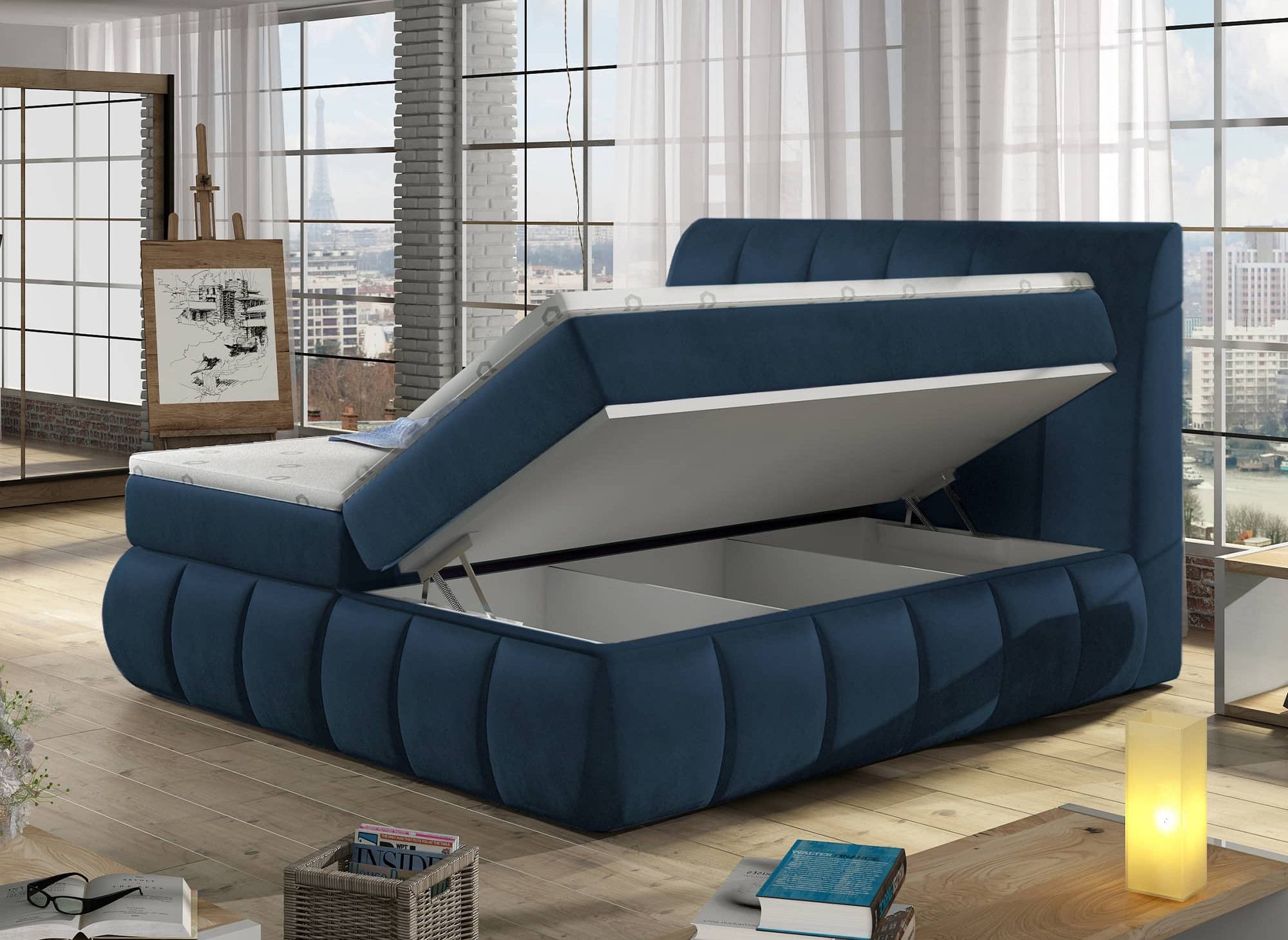 Lit boxspring 180x200 avec coffre de rangement en velours bleu foncé - VALERIA