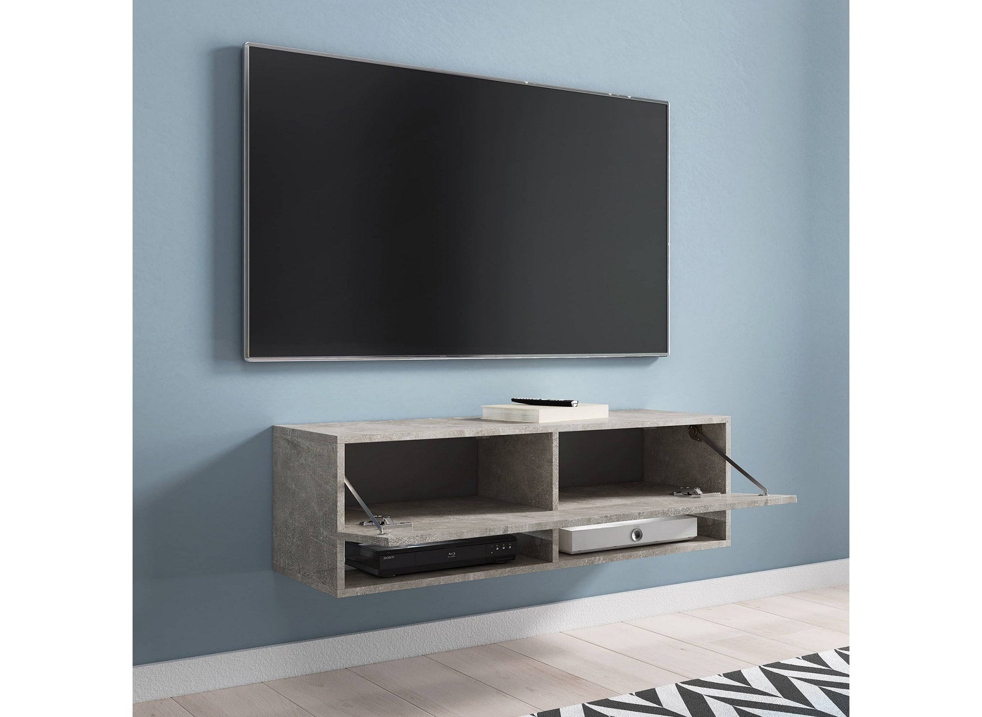 Meuble TV suspendu 1 porte 2 niches gris béton ROMANE - 100 cm