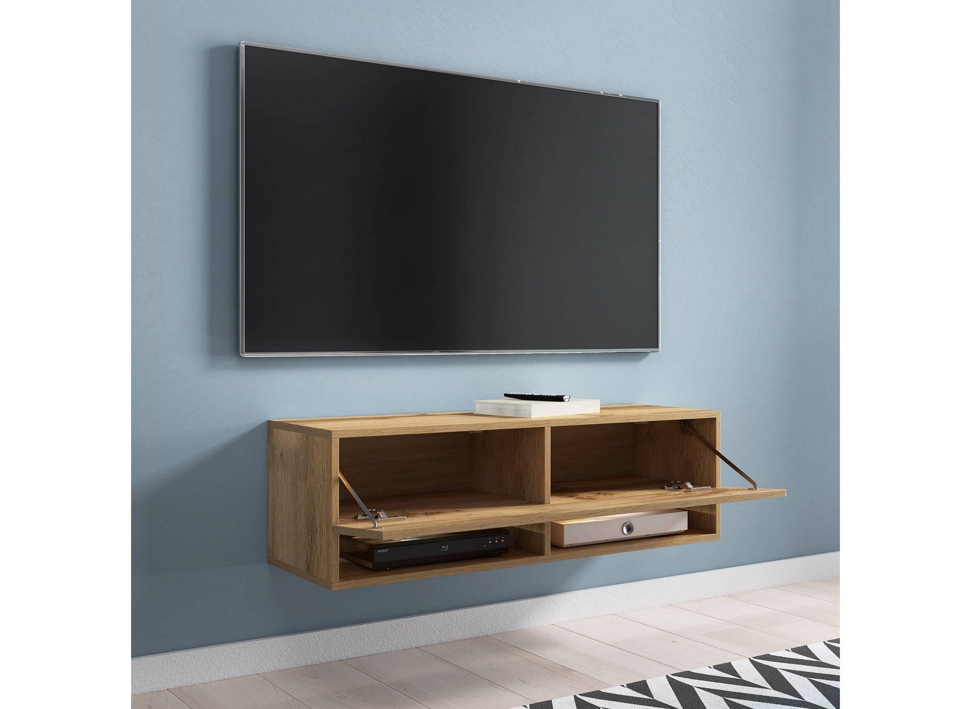 Meuble TV suspendu 1 porte 2 niches en chêne ROMANE - 100 cm
