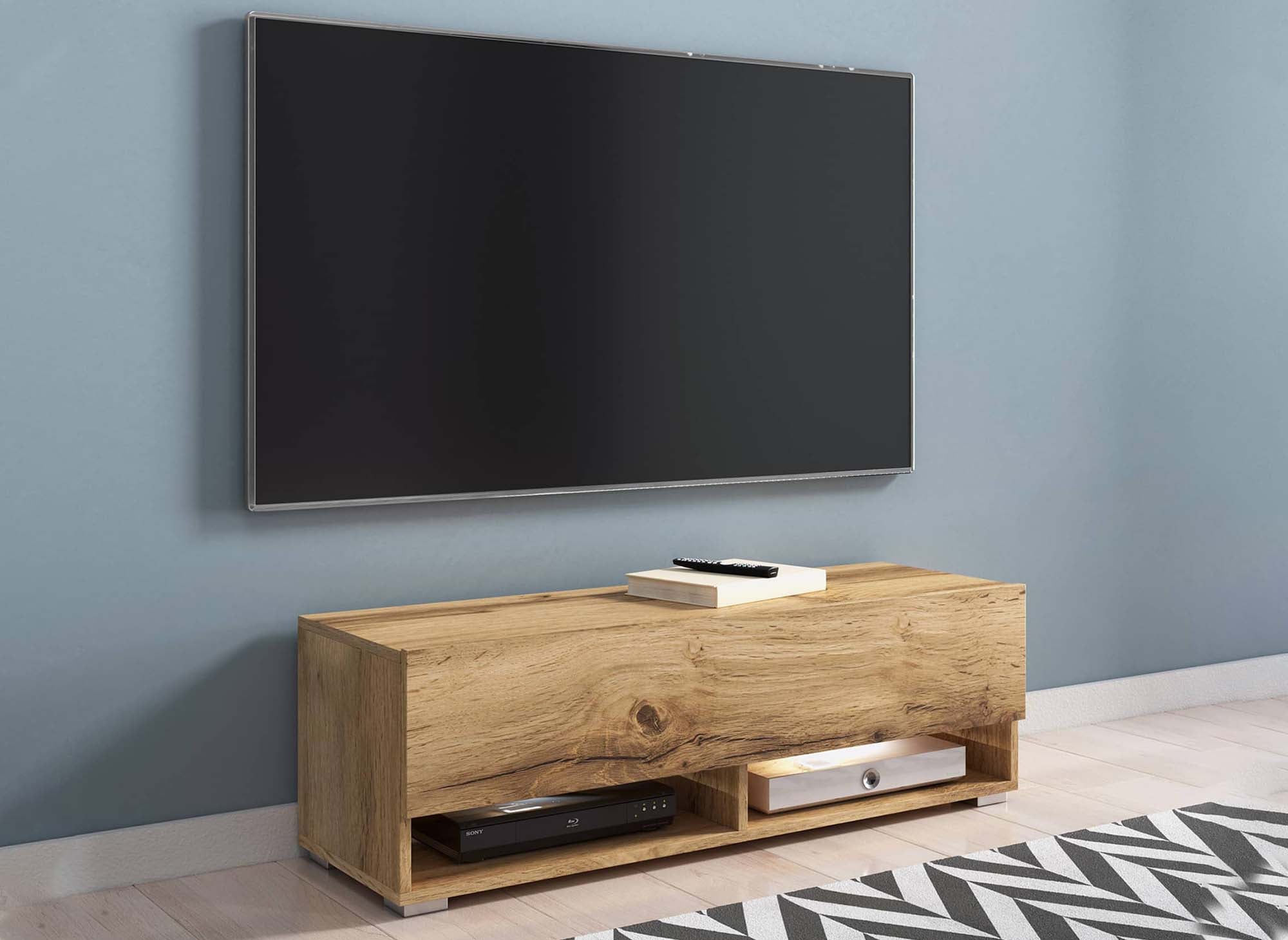 Meuble TV suspendu 1 porte 2 niches en chêne ROMANE - 100 cm