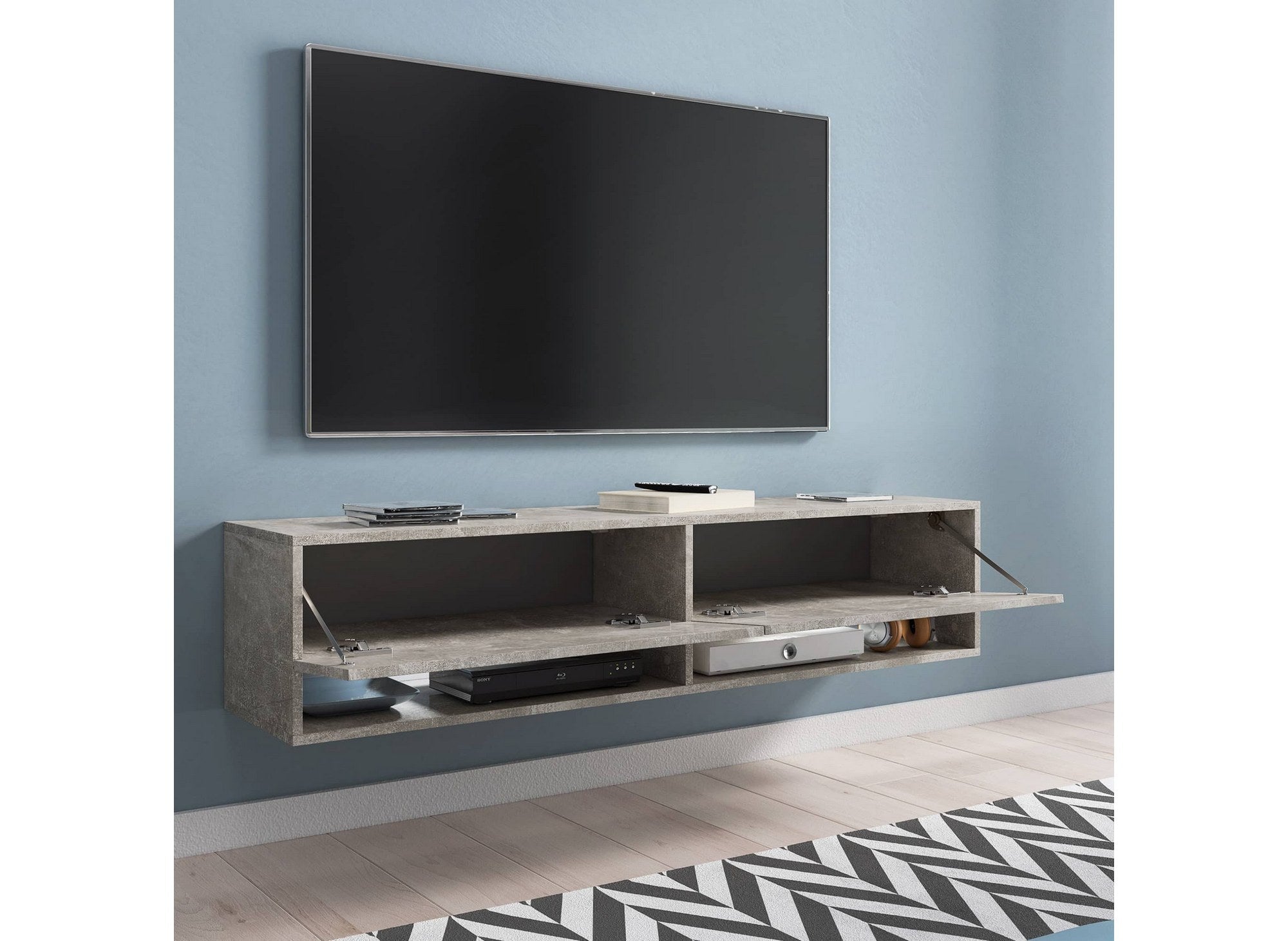 Meuble TV suspendu 2 portes 2 niches gris béton ROMANE XL - 140 cm