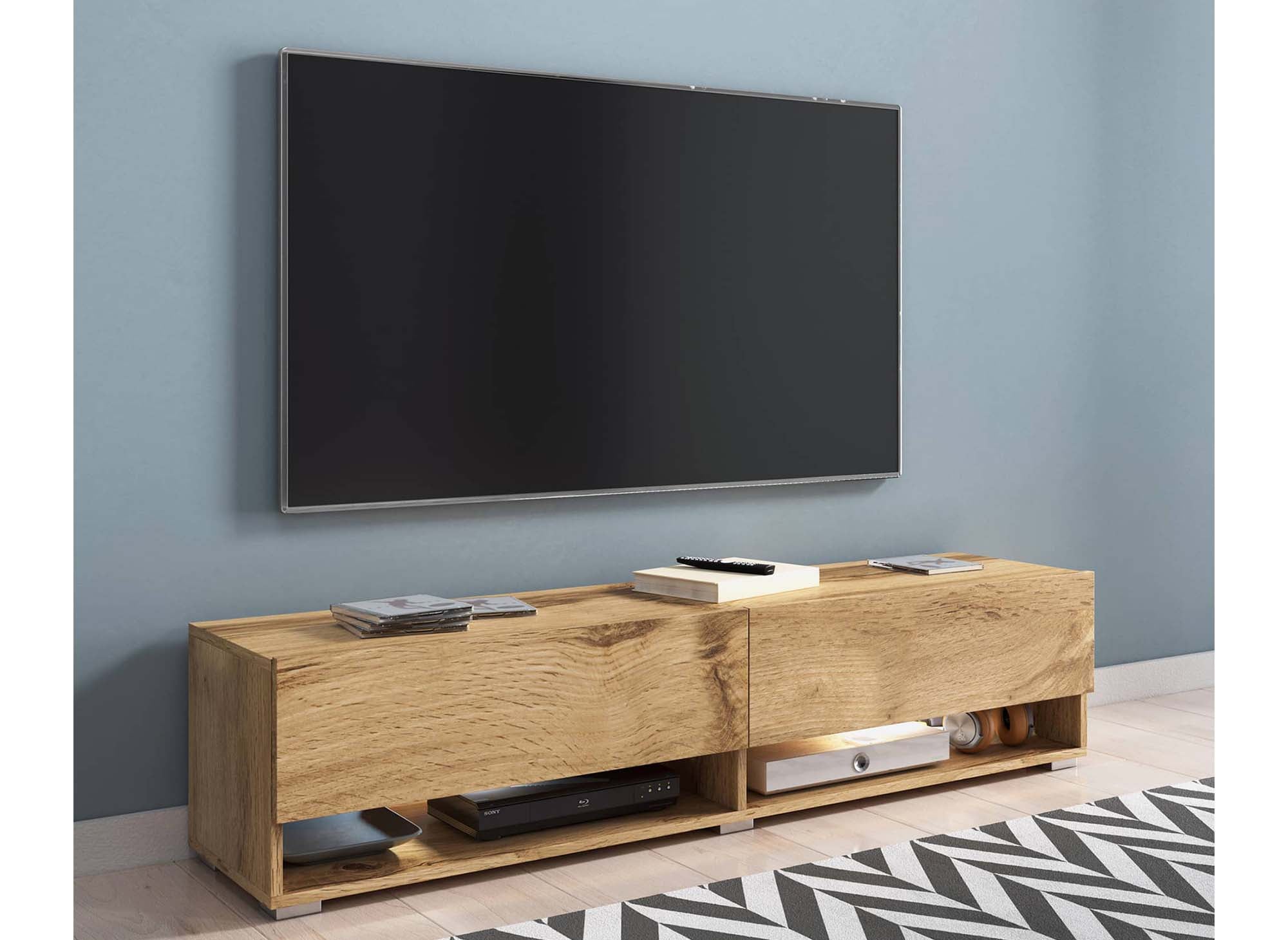 Meuble TV suspendu 2 portes 2 niches en chêne ROMANE XL - 140 cm