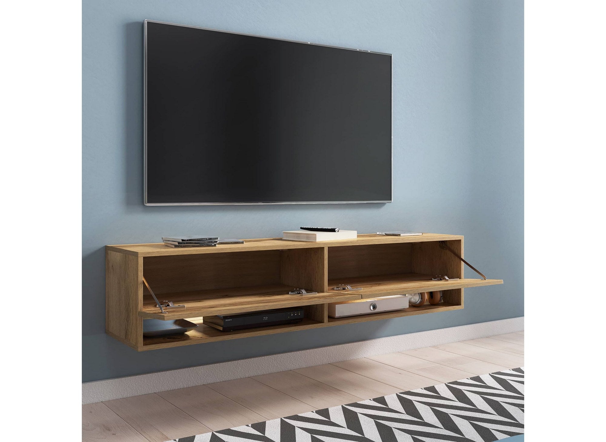 Meuble TV suspendu 2 portes 2 niches en chêne ROMANE XL - 140 cm