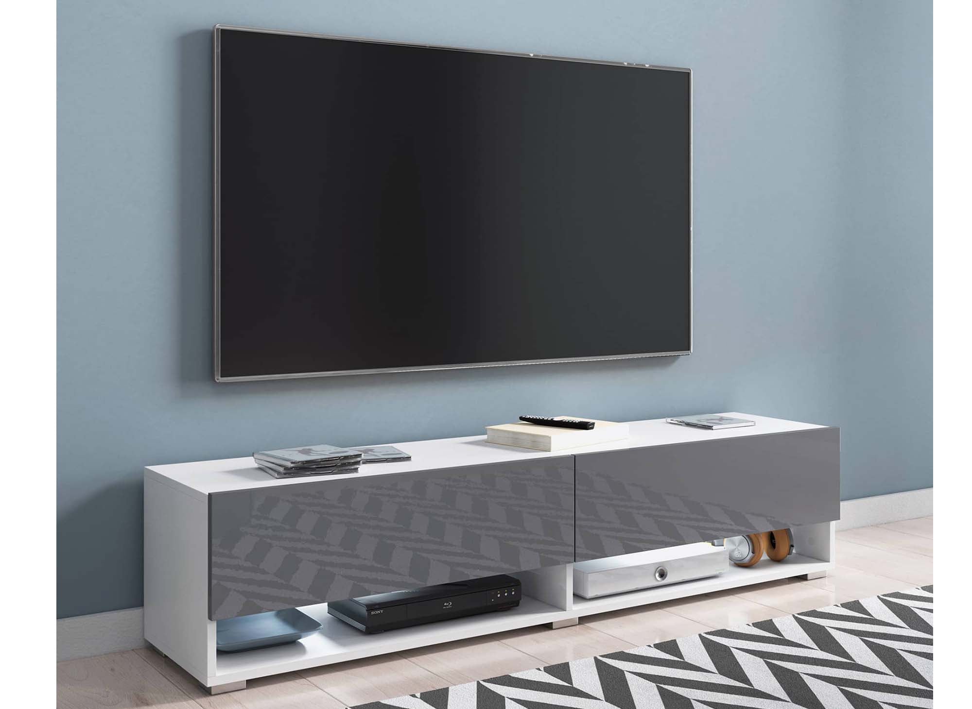 Meuble TV suspendu 2 portes 2 niches blanc et gris ROMANE XL - 140 cm