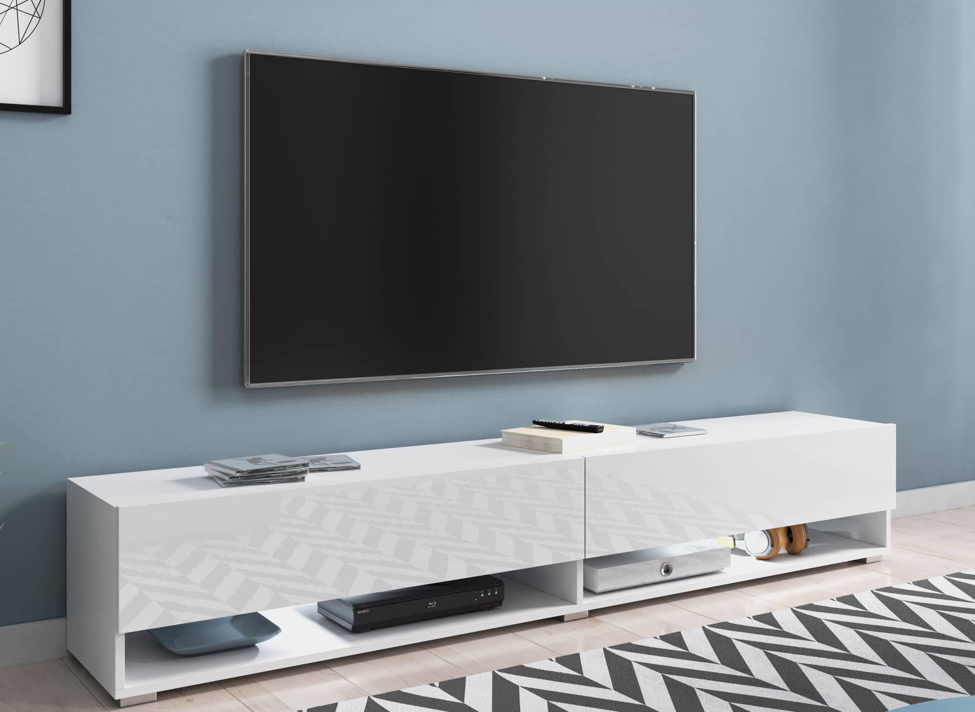 Meuble TV suspendu 2 portes 2 niches blanc ROMANE XXL - 180 cm