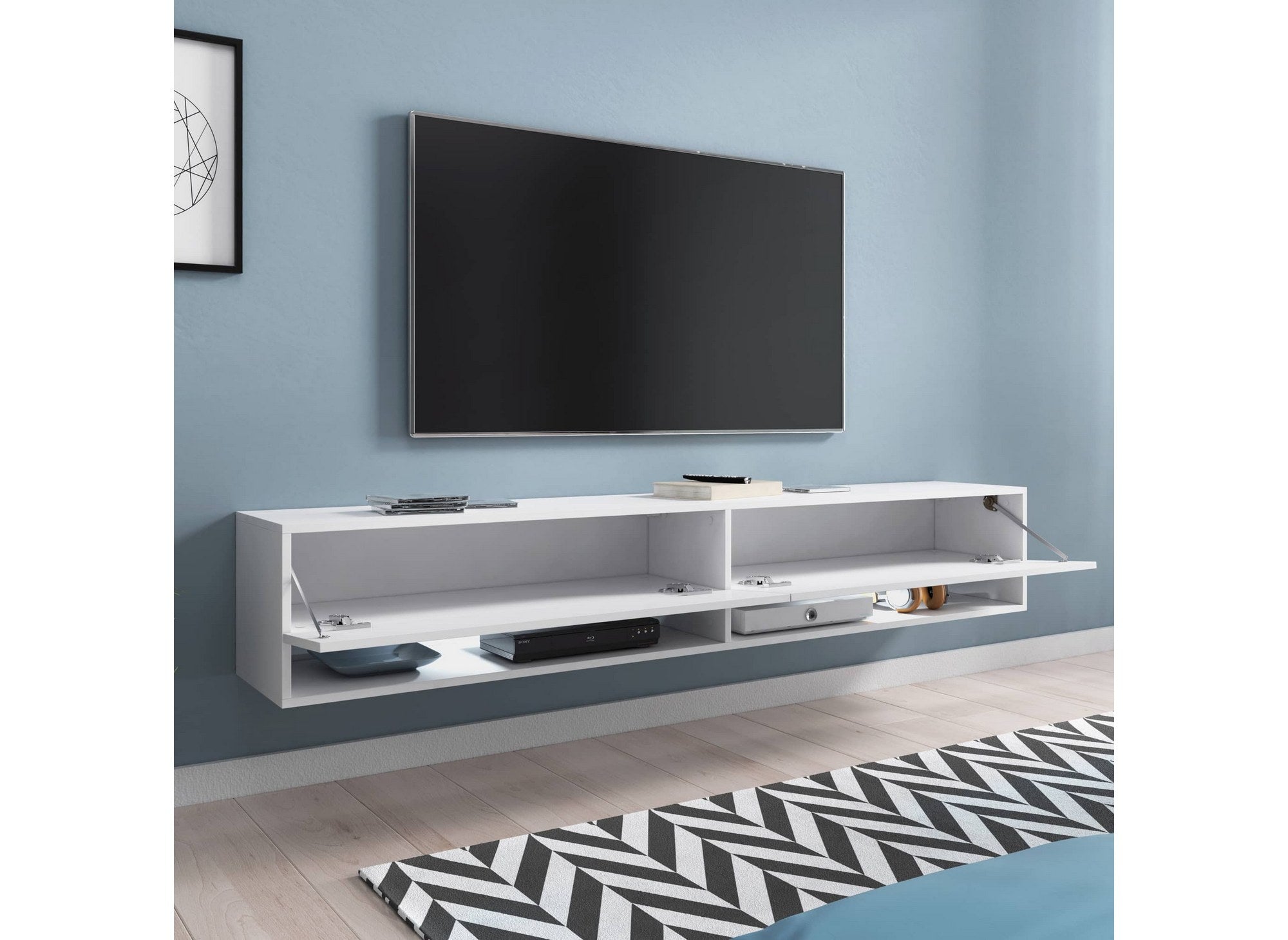 Meuble TV suspendu 2 portes 2 niches blanc ROMANE XXL - 180 cm