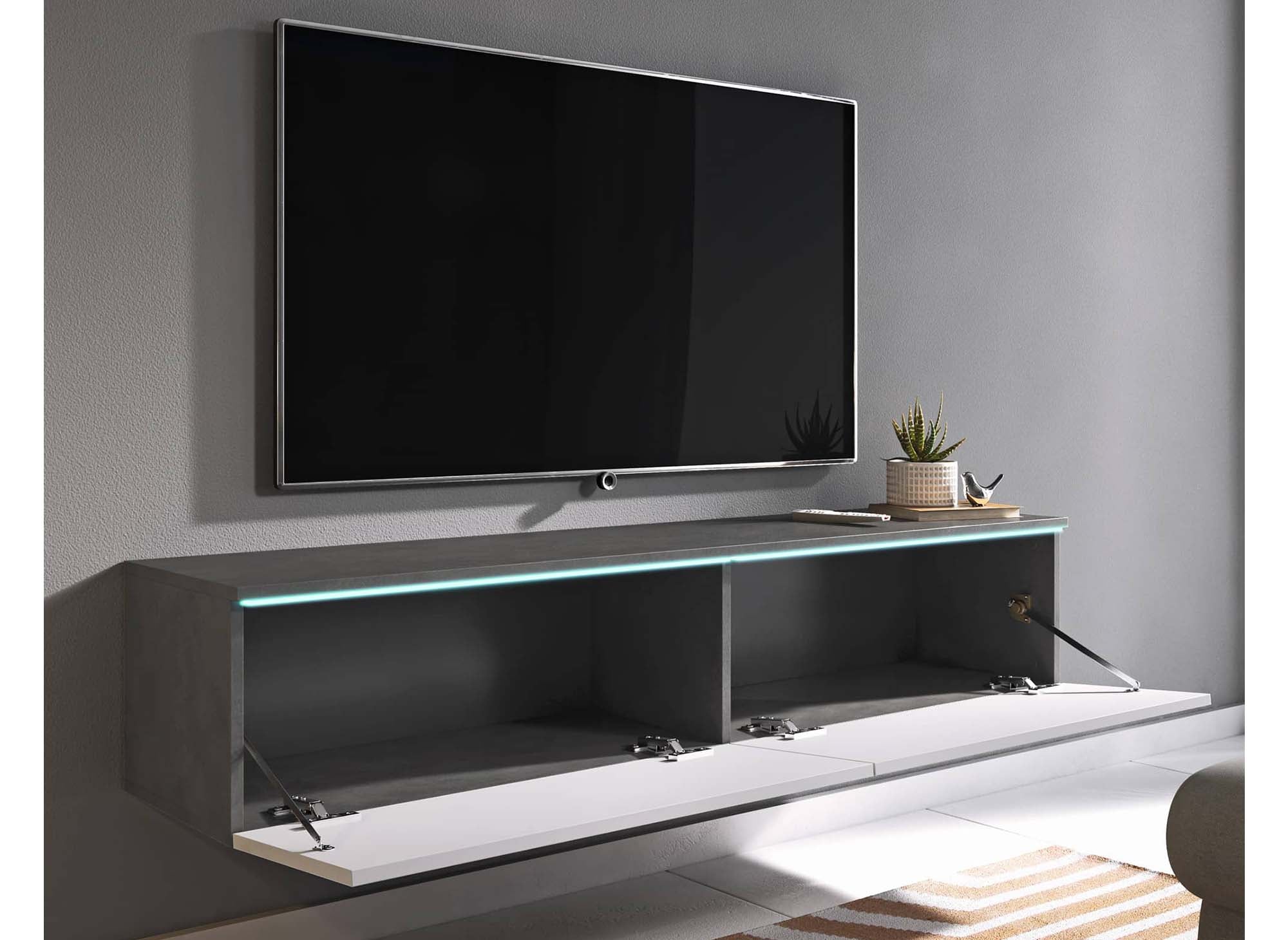 Meuble TV contemporain gris et blanc avec LED 2 portes MALORIE - 140 cm